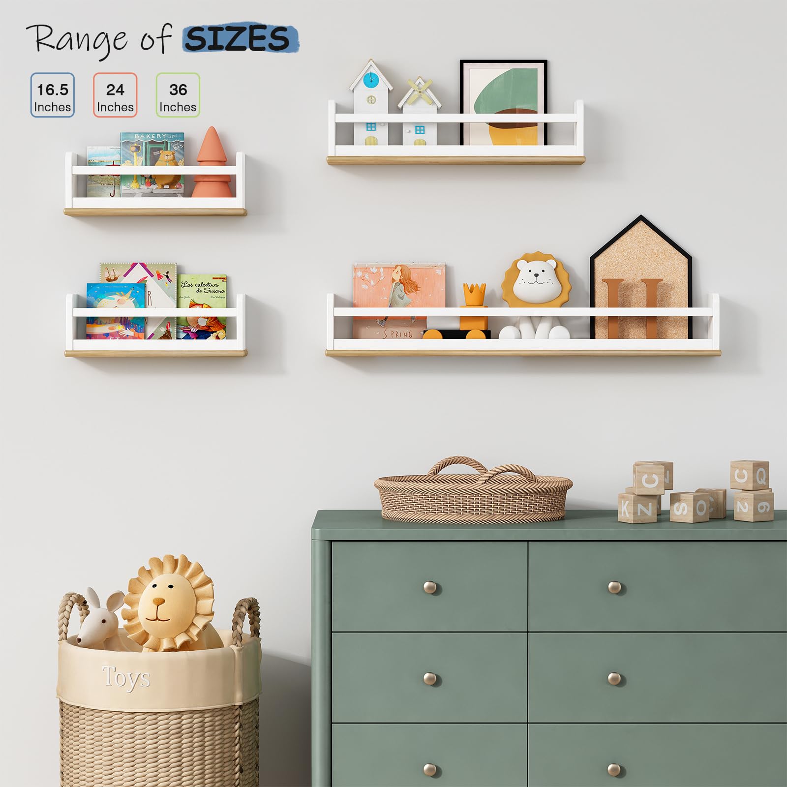 Estantes flotantes de 36 pulgadas de largo para pared de guardería, estantes grandes para libros de pared para habitación de los niños, estantería de Haning blanco y natural para niños 5