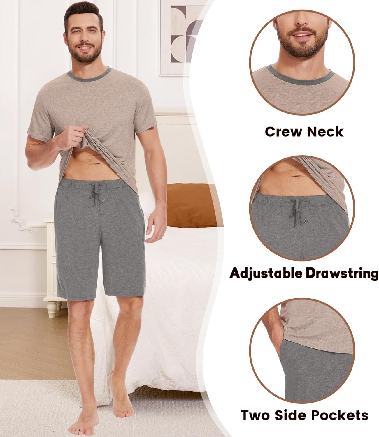 NACHILA Men's Bamboo Viscose Short Sleeve Pajama Set Cooling PJs Soft Breathable Sleepwear with Pockets Summer Loungewear