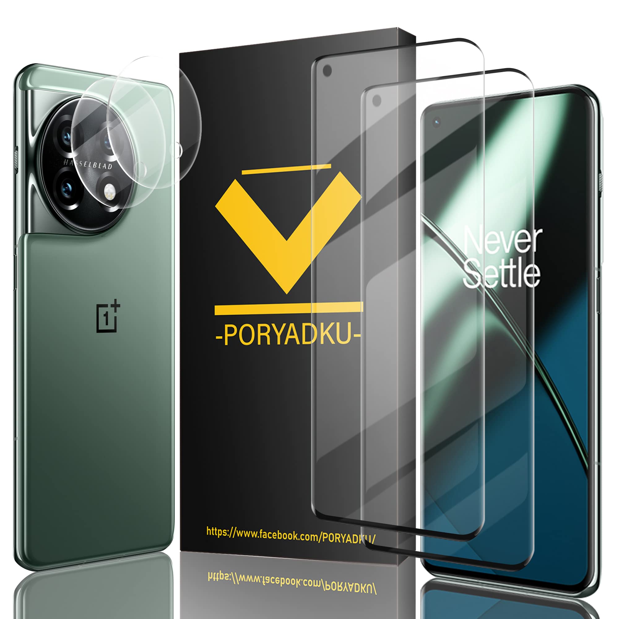 2 Pieces Tempered Glass for Oneplus 11 and 2 Lens Protectors, Fingerprint Unlock, 3D Cover, Bubble Free, 9H Hardness, HD Glass