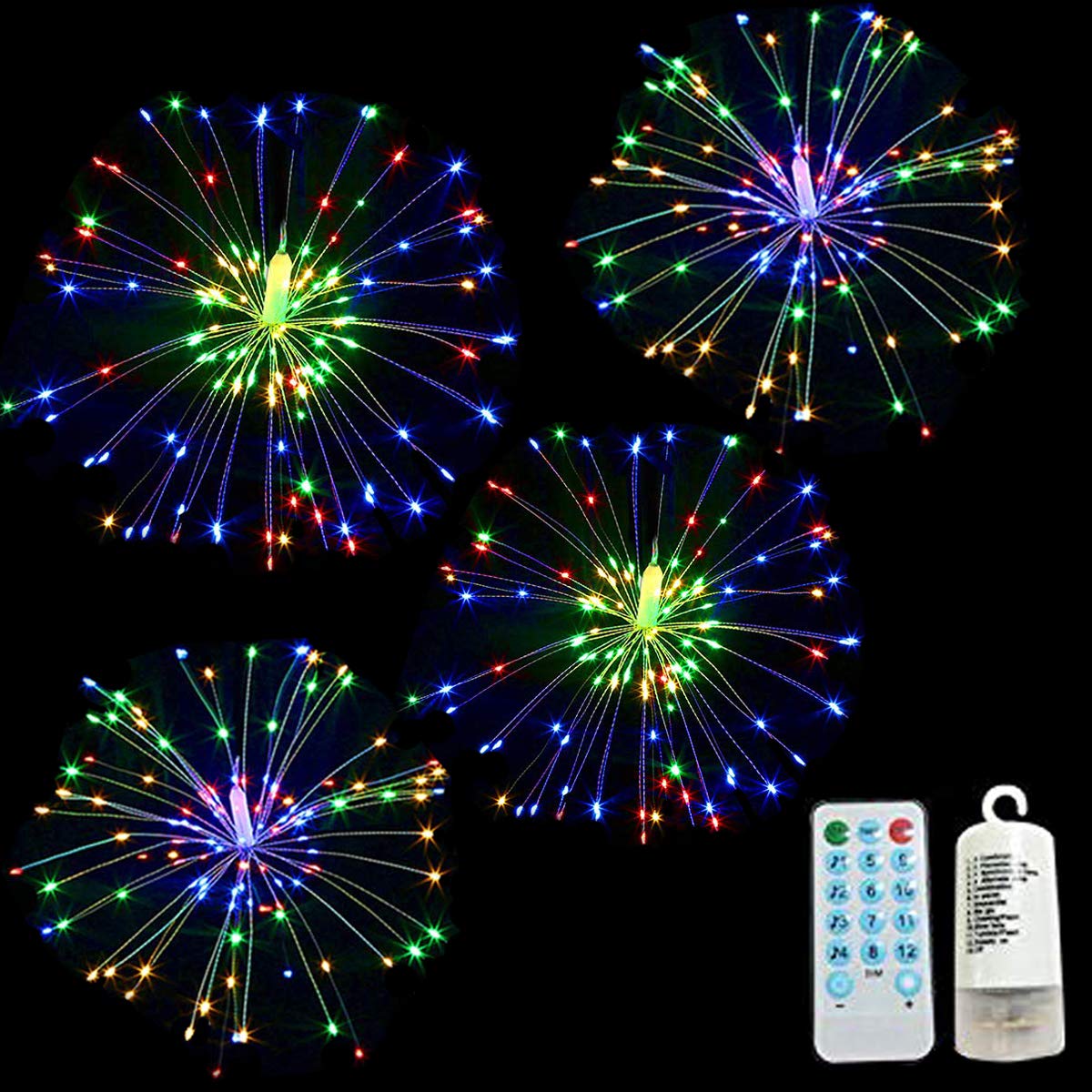 Dreamworth4 Pack Music Hanging Starburst Light, 120 LED String Light Bouquet Shape Firework Battery Operated with Remote Control for Christmas, Birthday, Bedroom,Wedding, Parties