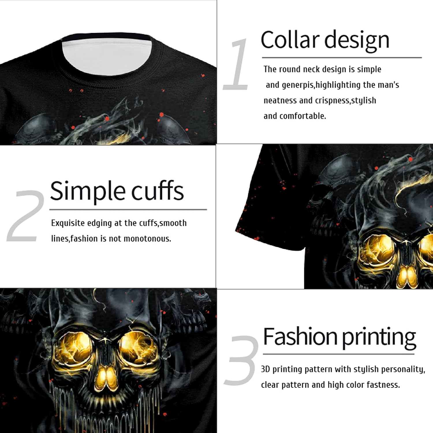 Eciodci Men's Halloween T-Shirts 3D Skull Print Short Sleeve T-Shirt Casual Round Neck Novelty Street Fashion Shirts - Image 5