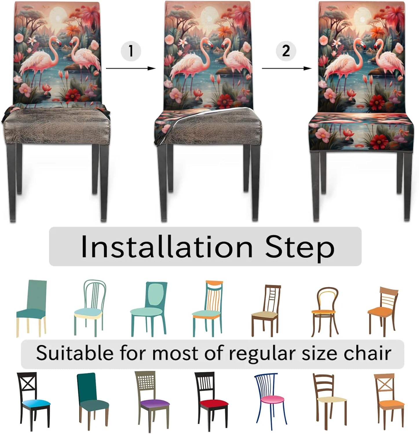 QsirBC Flamingo Flower Tree Stretch Dining Room Chair Covers Set of 6 Chair Slipcovers Removable Washable Kitchen Seat Covers Chair Protectors for Hotel Party Wedding