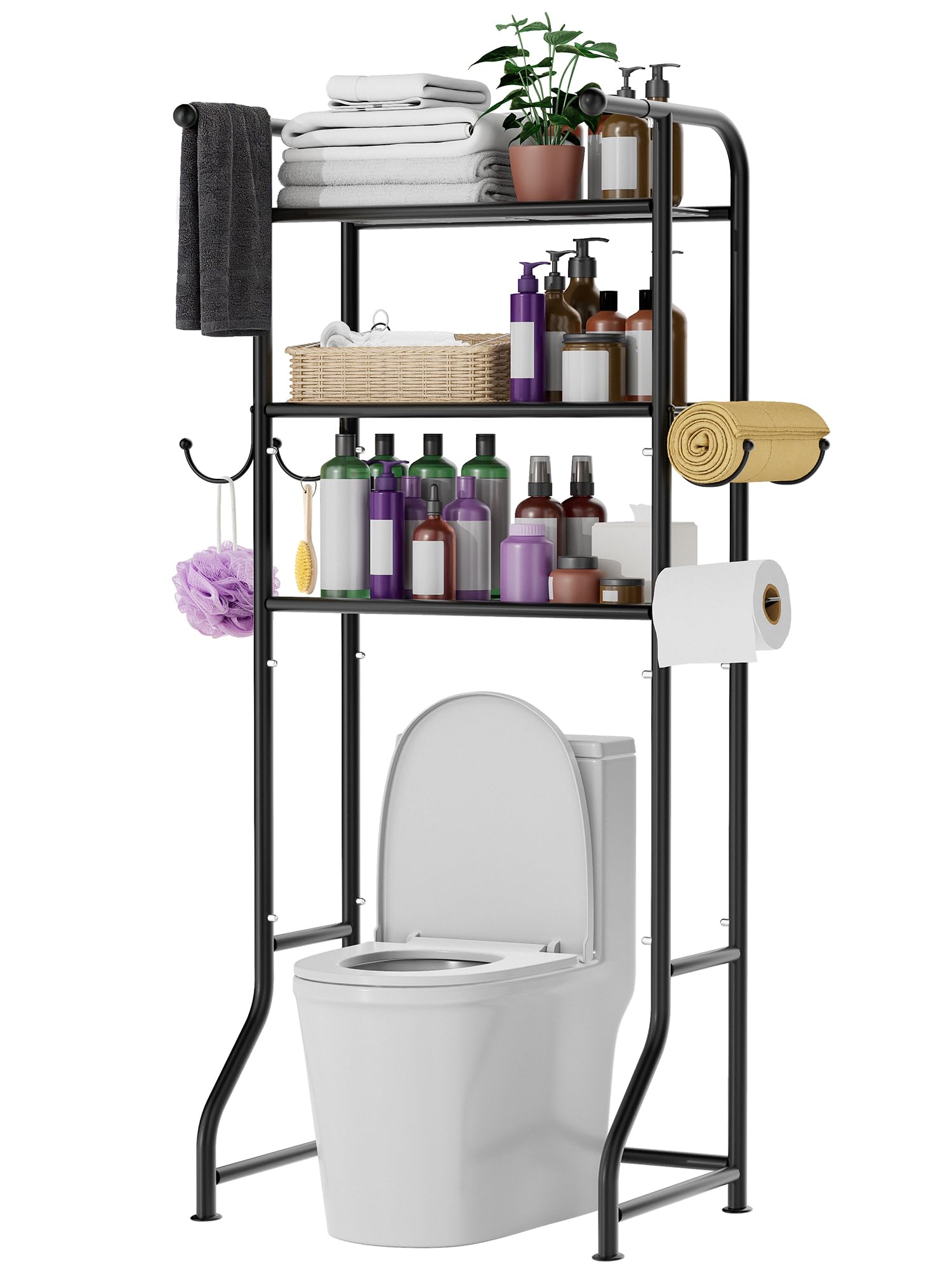 JUKAMO 3-Tier Over The Toilet Storage Shelf，Bathroom Organizers and Storage Over Toilet，Metal Bathroom Space Saver with 2 Bars，1 Paper Holder and 4