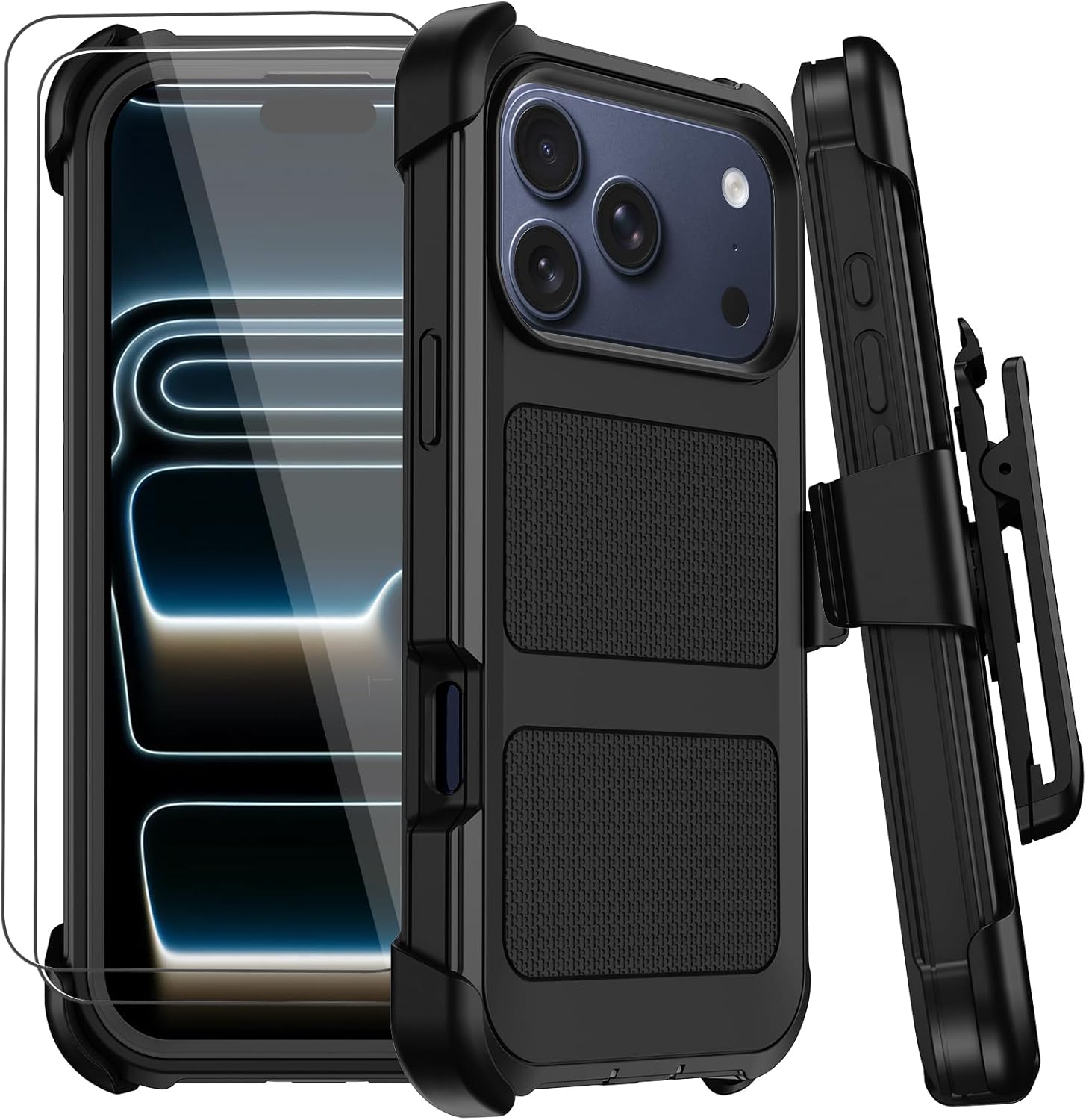 for iPhone 17 Pro Max Case with Belt Clip Holster,Anti-Drop Shockproof Bumper Phone Cases w/2x Screen Protectors & Kickstand,Rugged Heavy Duty Military Grade Protective Defender Cover (Black)