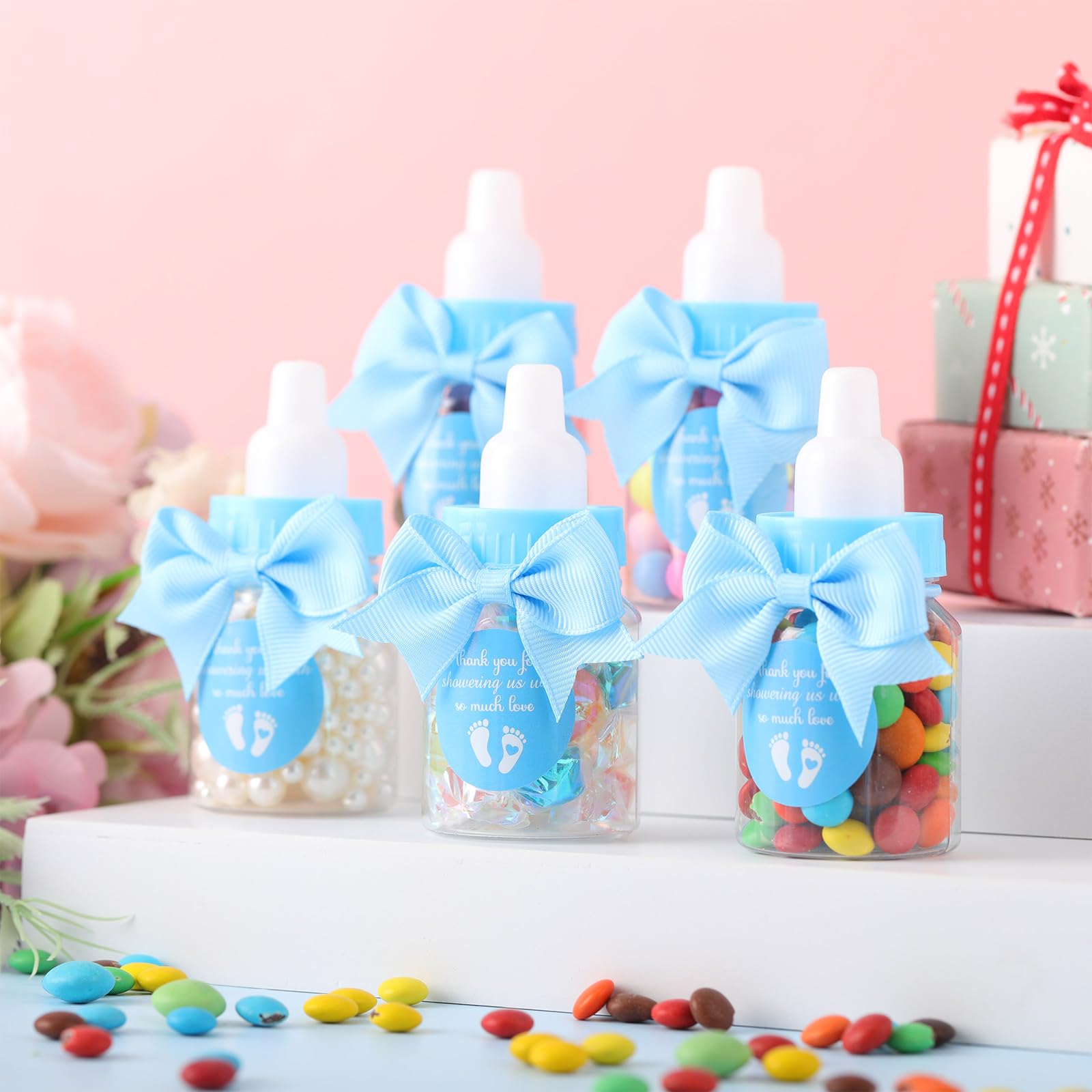 Teenyyou 48 juegos de mini biberones azules de 3.5 pulgadas para baby shower, fiesta, juego, botellas de leche de plástico con calcomanías de agradecimiento y lazos, regalos de agradecimiento para