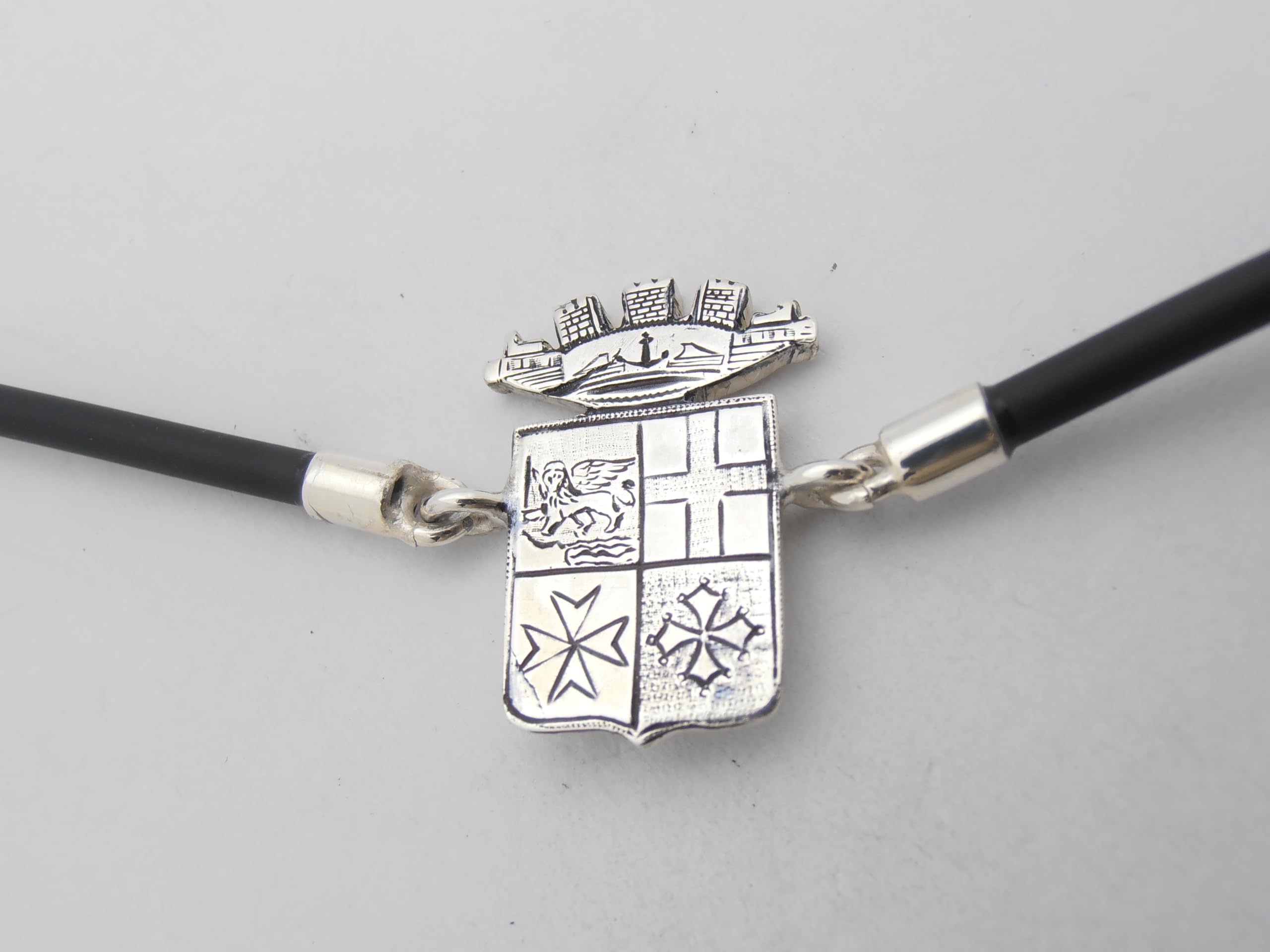 Marina Militare Italiana : Braccialetto in Argento 925 e Caucciù - Bracciale con lo Stemma - Fregio - Simbolo - Marinaio