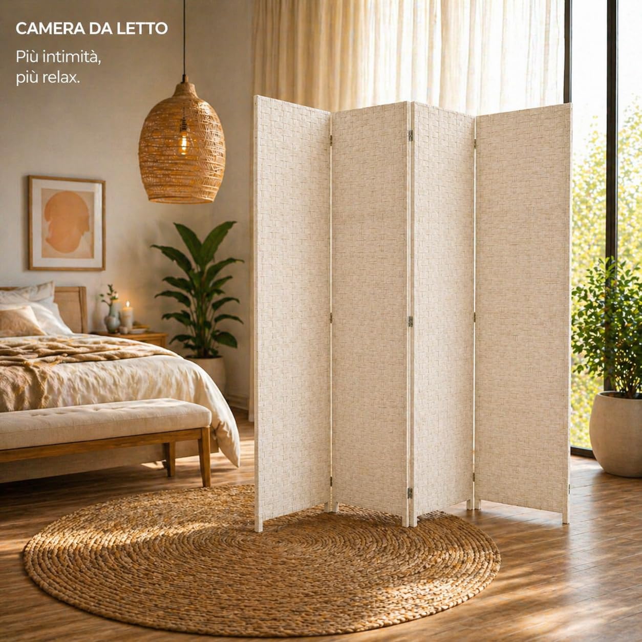 Separè da Interno 4 Pannelli 180X180h CM - Divisorio per Ambienti, in Plastica, Struttura in Legno, Motivo Intrecciato, Autoportante, per Soggiorno, Ufficio, Camera, Pieghevole - (Beige)
