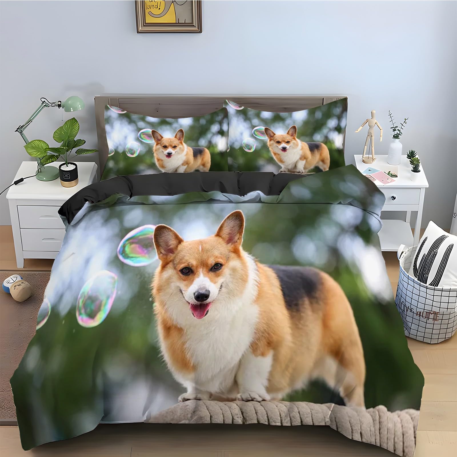 Housse de couette 160x200 microfibre douce avec fermeture éclair et taies d'oreiller Corgi