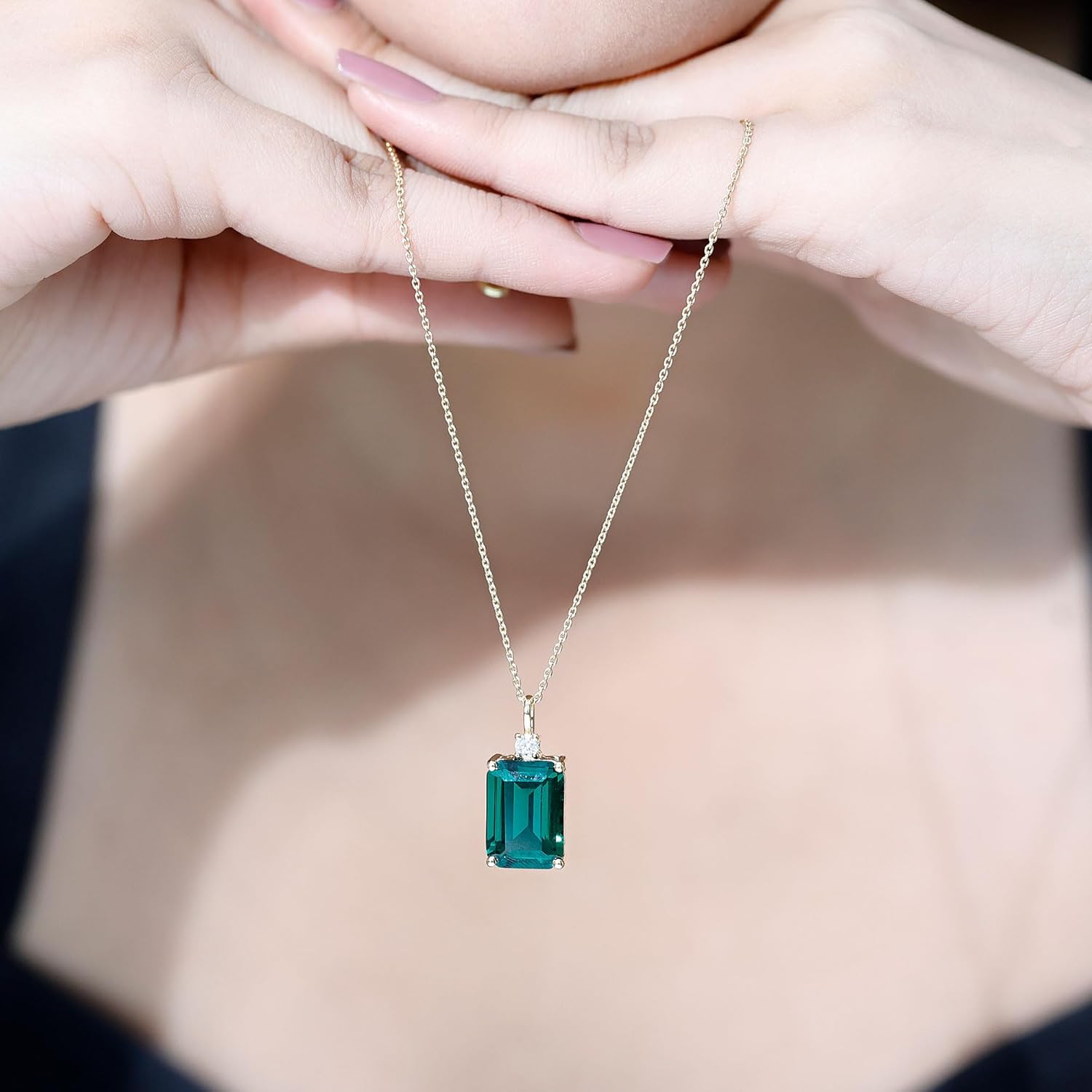 Certified 10X14mm Lab Grown Emerald Necklace with Chain, AAAA Quality, Emerald Statement Necklace For Women - Ready To Gift