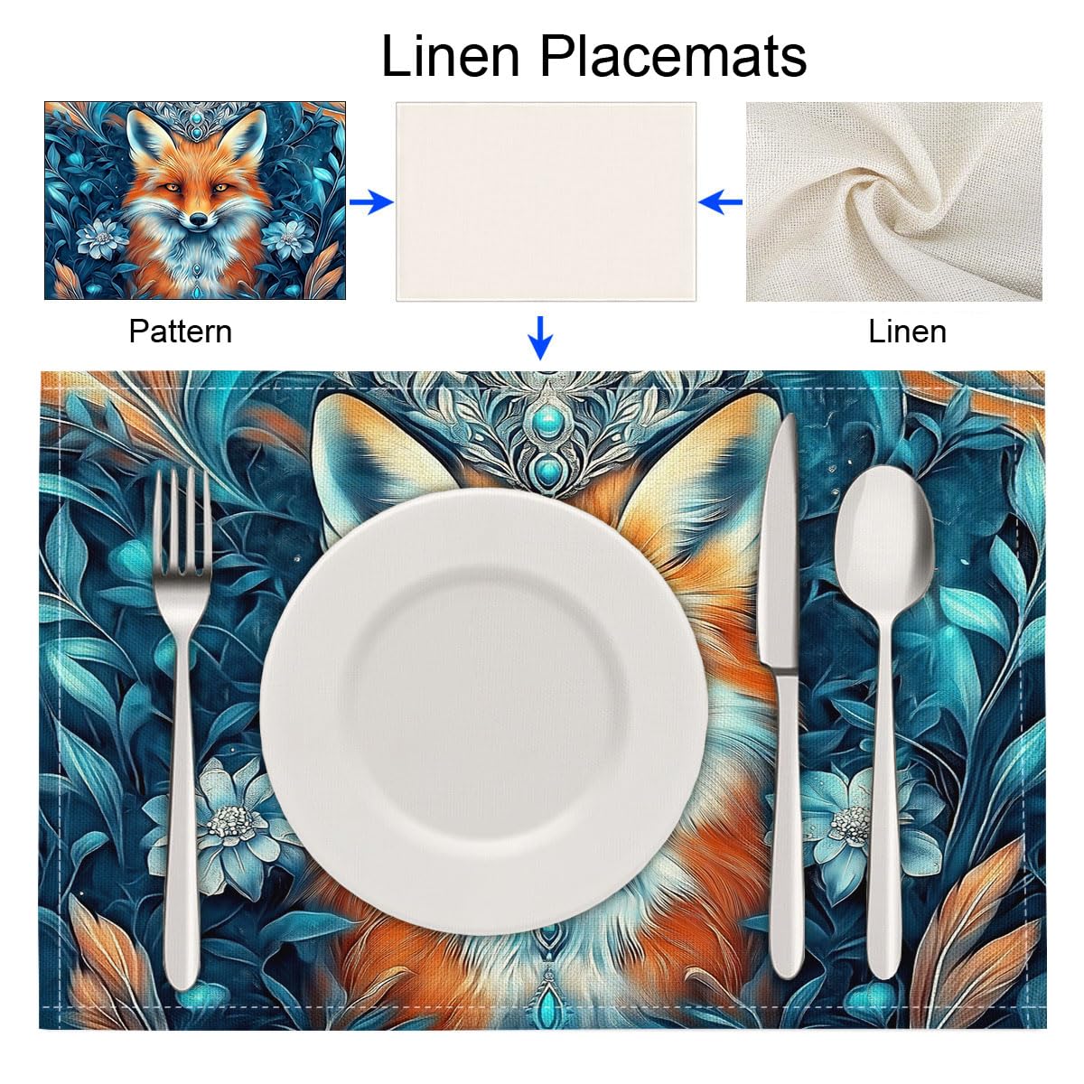 Set di 8 Colazione Stoffa 30x45cm, Volpe Gialla Cotone e lino Tovagliette Americane Lavabili, Tovagliette Animali Carini per Primavera Vacanze Cucina Feste, Pasqua
