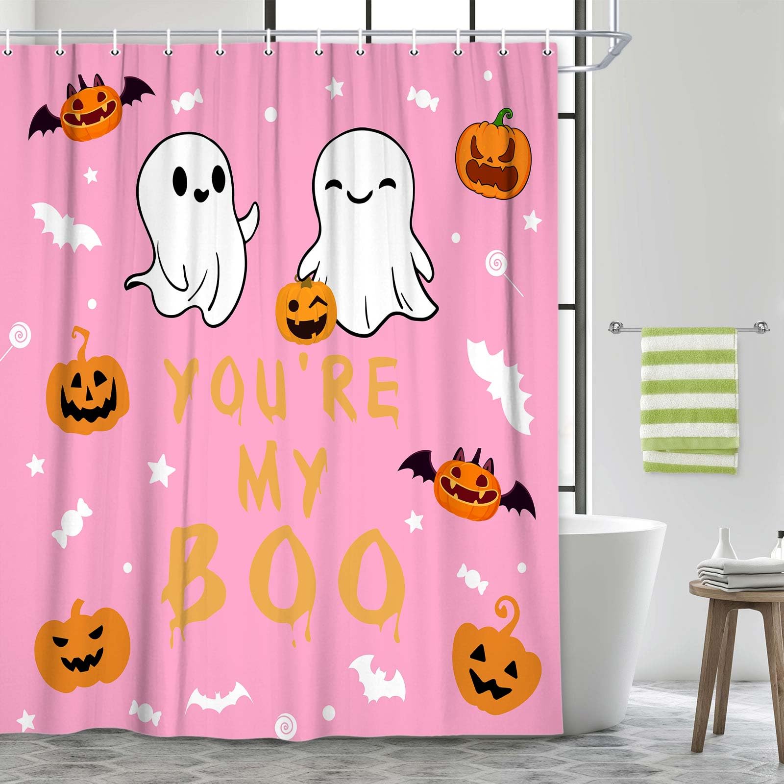 Rideau de douche Halloween imprimé fantôme mignon citrouille lavable en machine