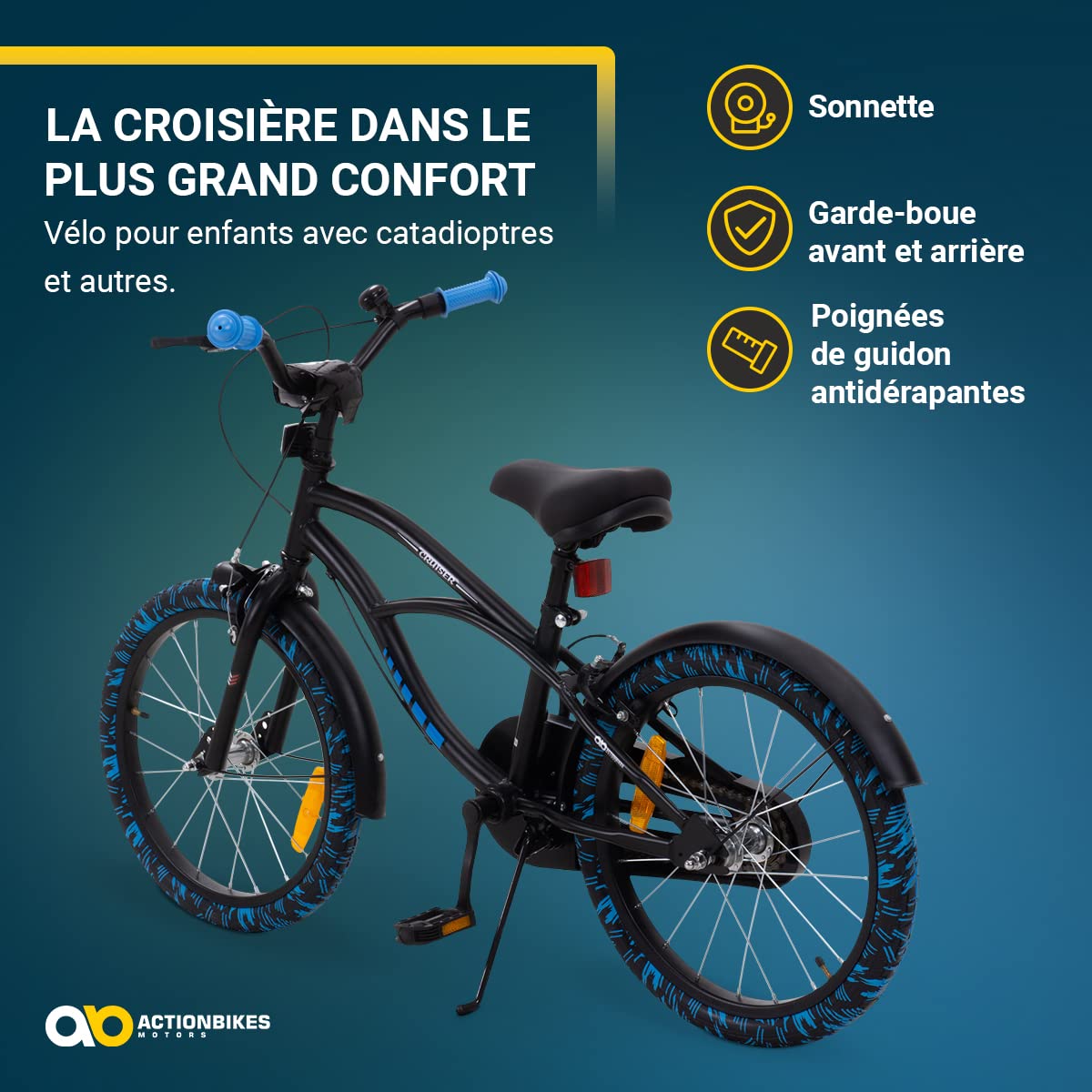 Actionbikes Vélo Enfant Cruiser - 18 Pouces - Frein Caliper - Roue Libre - Garde-chaîne - Support vélo - Pneus gonflables - Vélo Enfant - VTT - De 5 à 8 Ans
