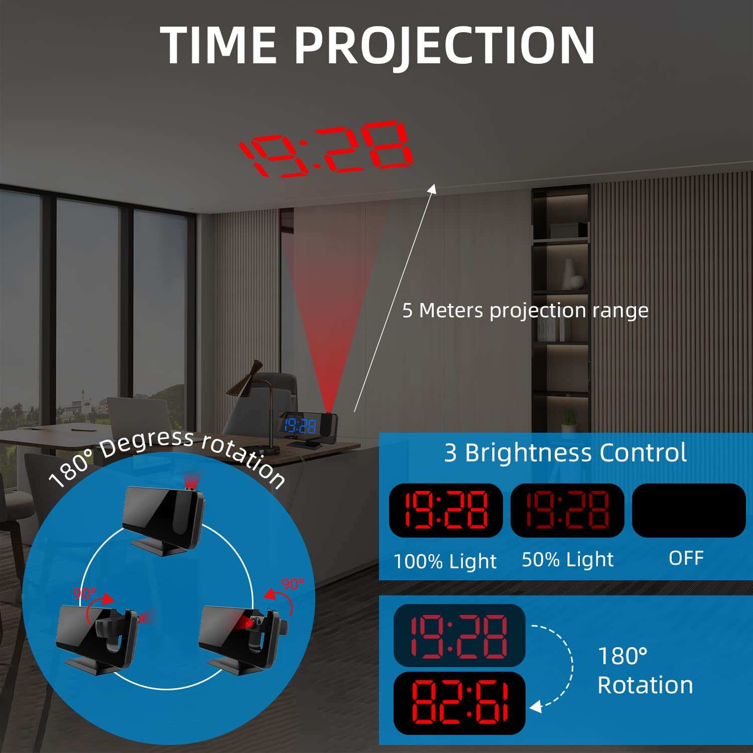 Sveglia con proiezione Orologio digitale da comodino con proiettore a 180° 7,4 '' Ampio schermo a specchio Display Porta di ricarica USB 4 livelli Luminosità Dimmer Snooze Dual Alarm Setting