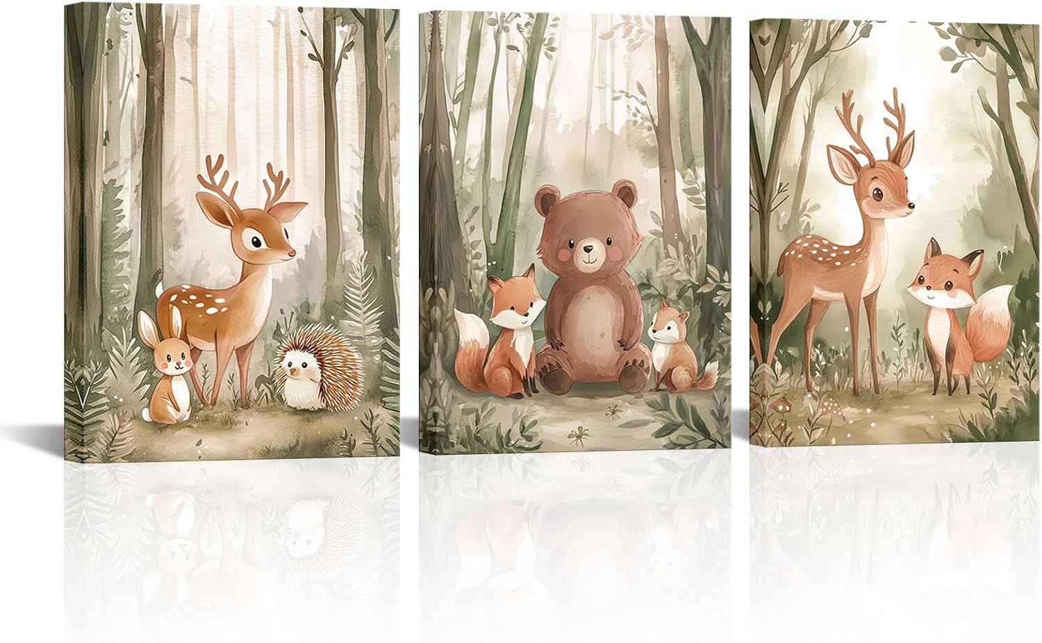 VANSEEING Woodland Nursery Decor Animal Canvas Wall Art Forest Fox Bear Deer Watercolor Pictures Prints Artwork Wall Decor for Boys Girls Bedroom Baby Room Home Decoration 12"x16"x3 Pieces
