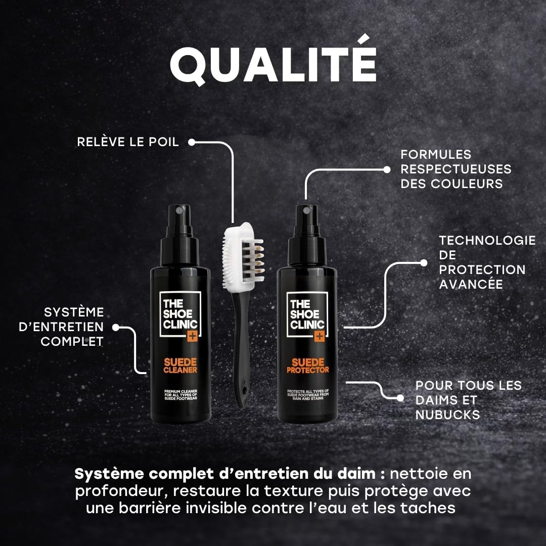 Kit Nettoyage et Entretien Chaussures en Daim & Nubuck Shoe Clinic | Nettoyant Daim Chaussure + Imperméabilisant + Brosse | Nettoie, Protège & Imperméabilise Chaussures, Baskets & Bottes