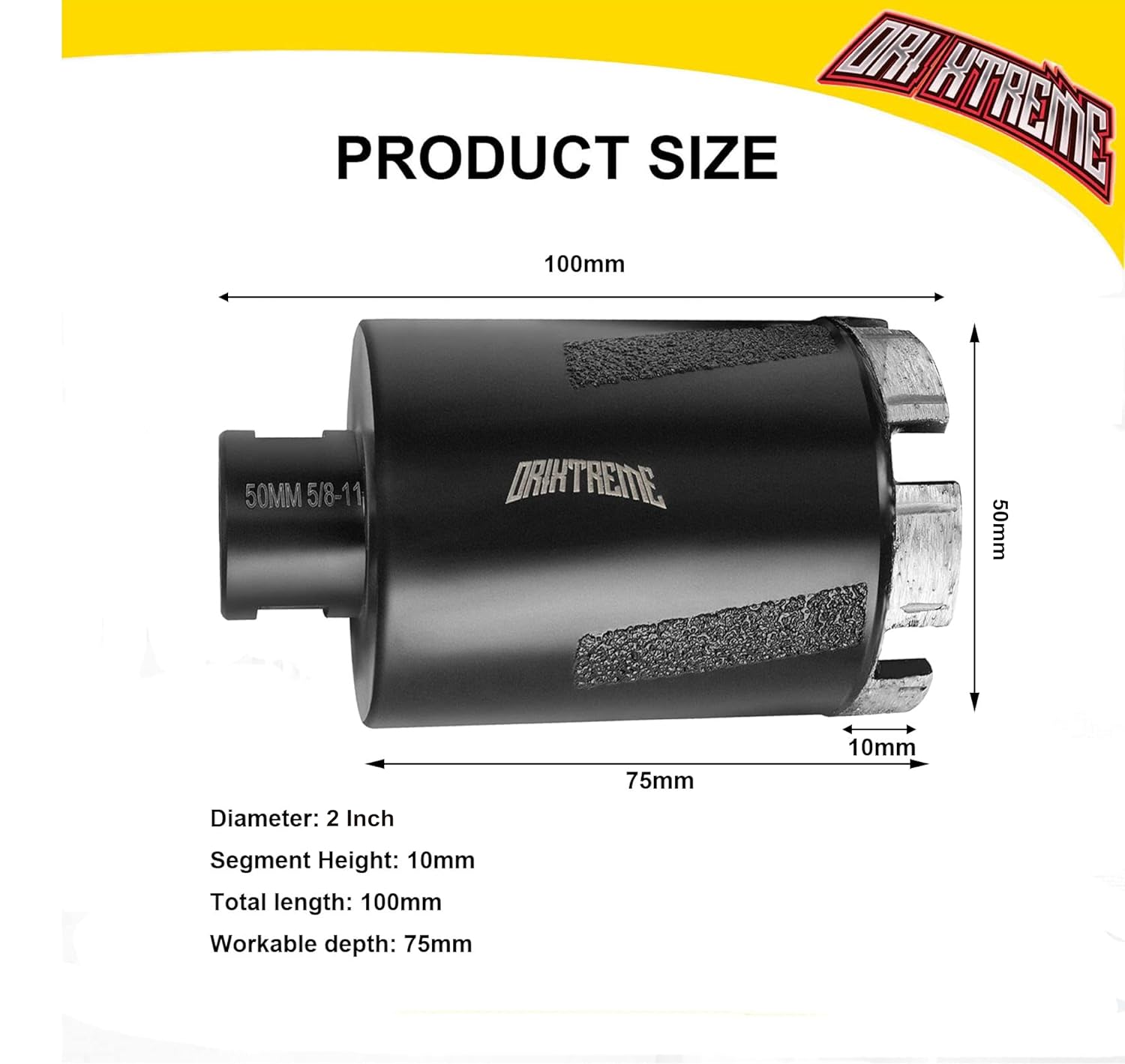 Diamond Core Drill Bits 2Inch Granite Hole Saw for Dry Drilling Concrete Marble Stone with 5/8-11 Thread 50mm