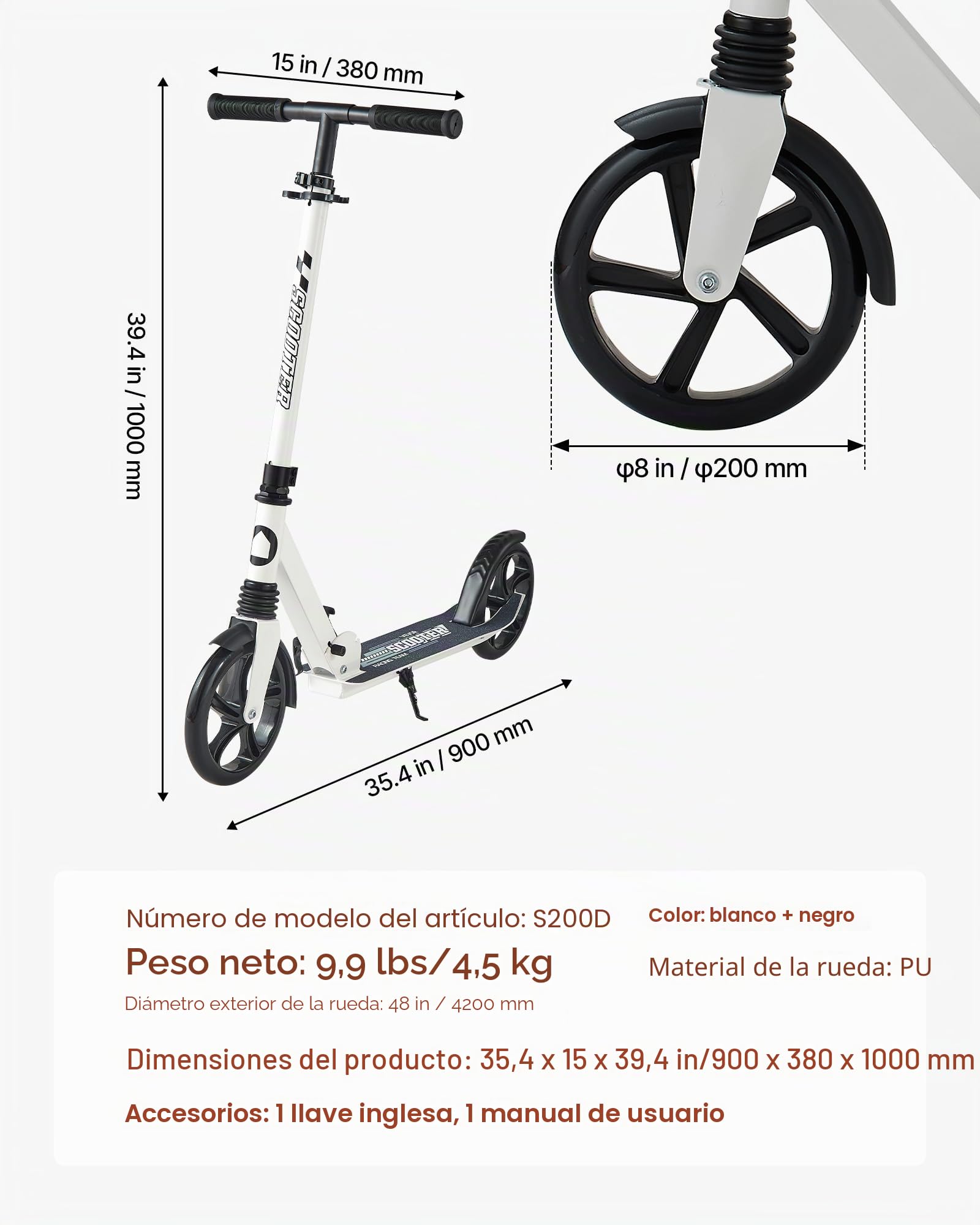 VEVOR Patinete 2 Ruedas, para Niños a Partir de 8 Años, Patinete de Calle Plegable con Manillar Regulable en Altura y Base Antideslizante, Chasis de Acero, hasta 100 kg, Color Negro y Blanco
