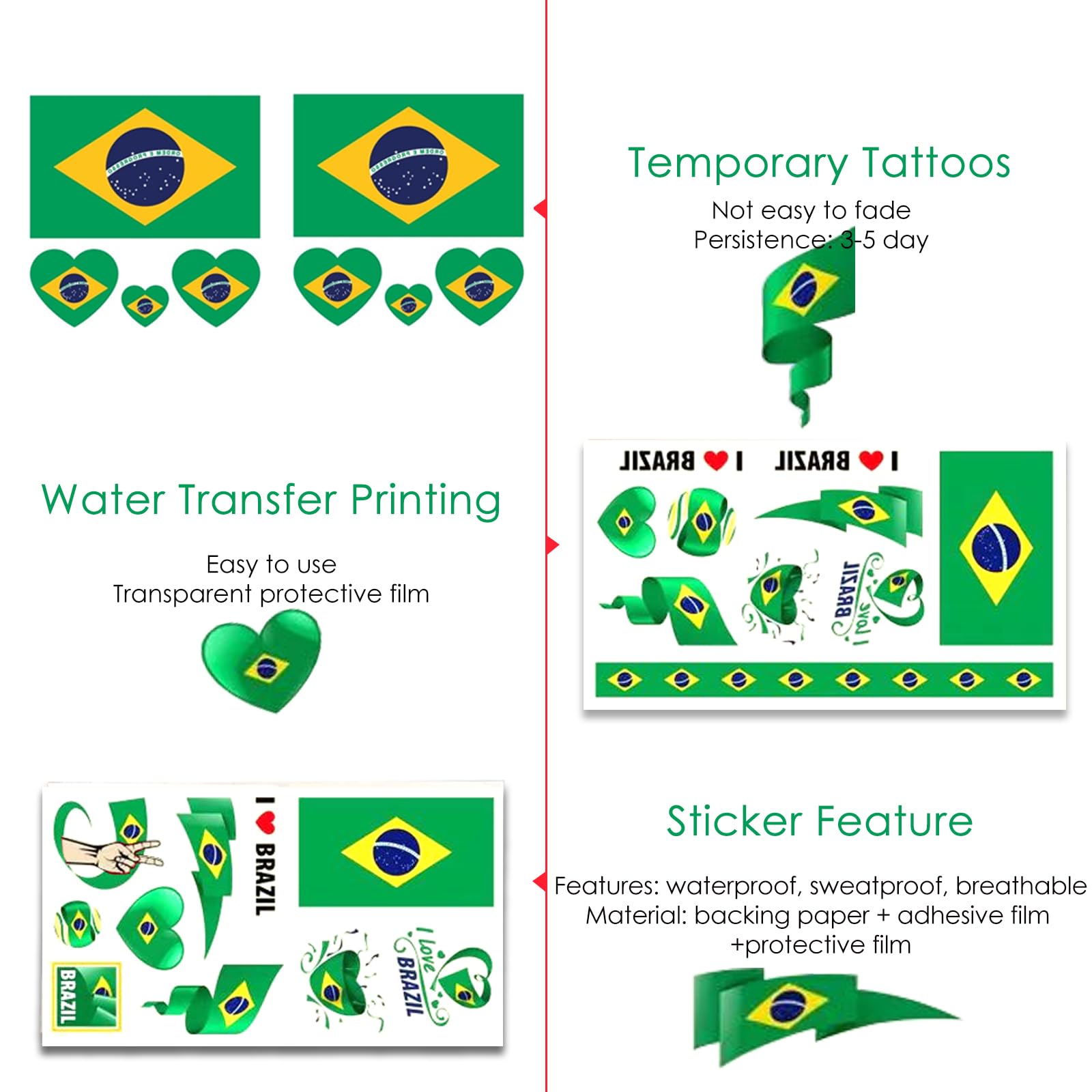AhfuLife Set di 24 adesivi per tatuaggi temporanei, motivo bandiera nazionale, 2022, impermeabili, per appassionati di nazionali, calcio, festa dei mondiali (Brasile)