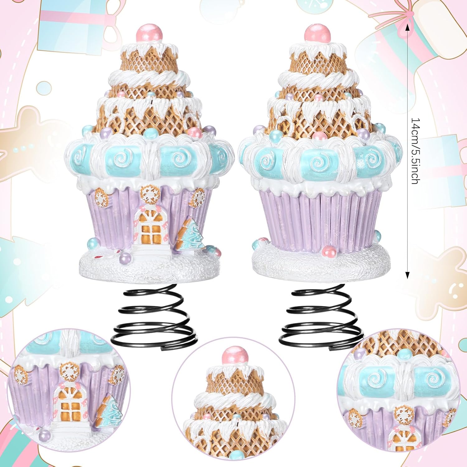 Simgoing 5.5 Inch Gingerbread House Tree Topper Candy Christmas Tree Topper Christmas Pastel Cupcake Decorations Pink Xmas Gingerbread Ornaments 3D Attachment Gift for Home Festive Party Decor