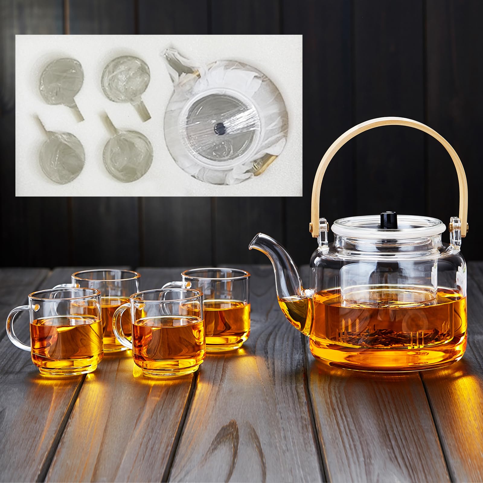 MESNEY Tetera de Cristal 1100ml con Infusor – Juego de Tetera con 4 Tazas – Vidrio de Borosilicato Resistente – Vertido Limpio y Antigoteo