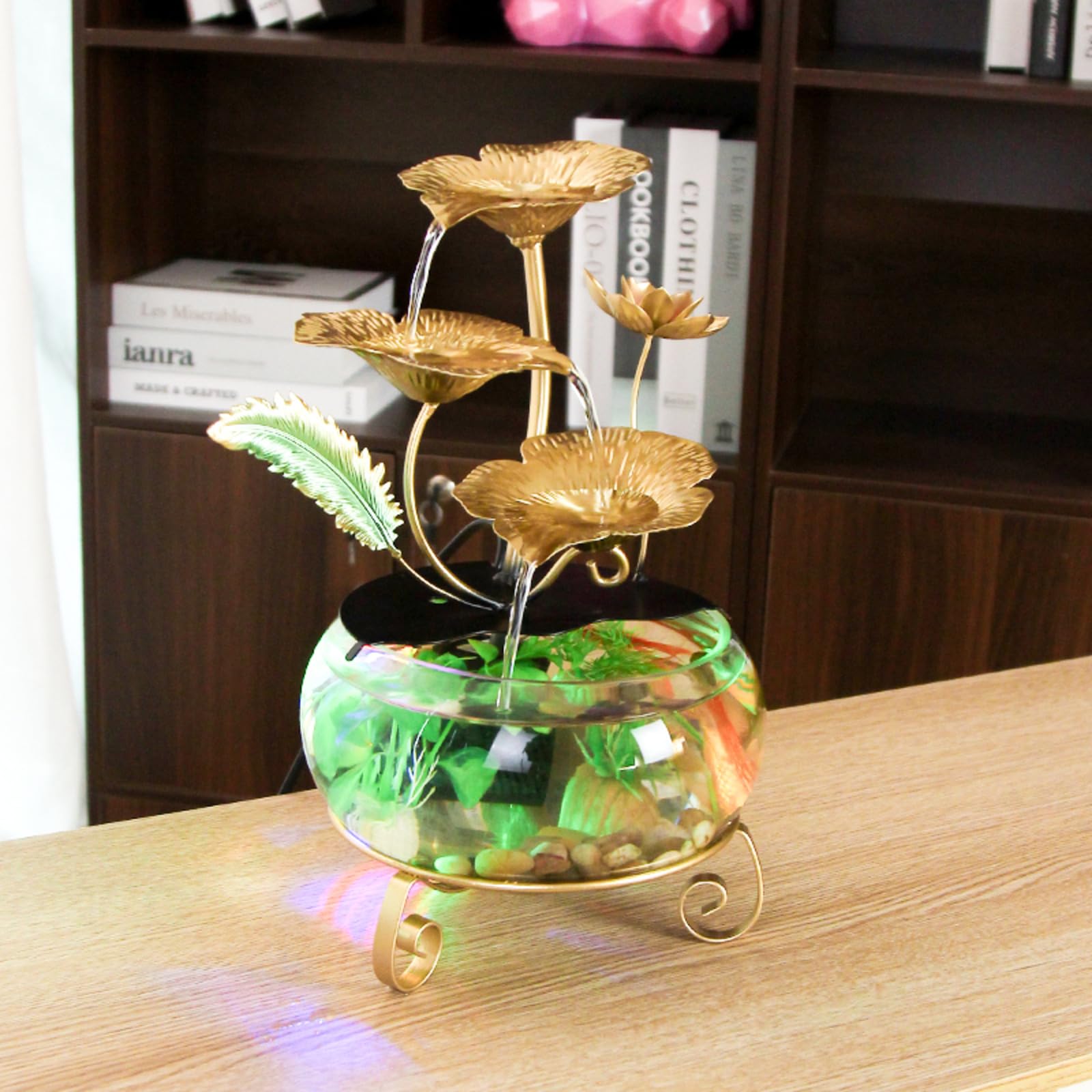 Fontaine à eau en forme de fleur de lotus dorée avec lumières LED et aquarium, décoration de table élégante pour la maison et le bureau, cascade intérieure relaxante pour ambiance de bureau