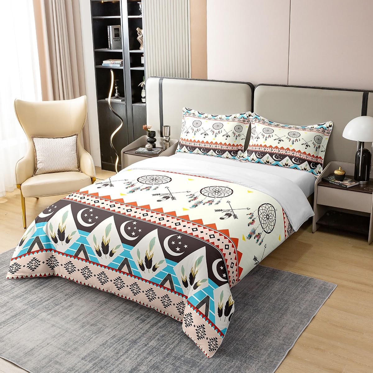 Western 100% Cotton Duvet Cover Twin, Tribal Geometric Comforter Cover for Kids Boys Girls Dreamcatcher Bedding Set American Indian Ethnic Geometri Bedspread Cover Microfiber Bedclothes Zipper