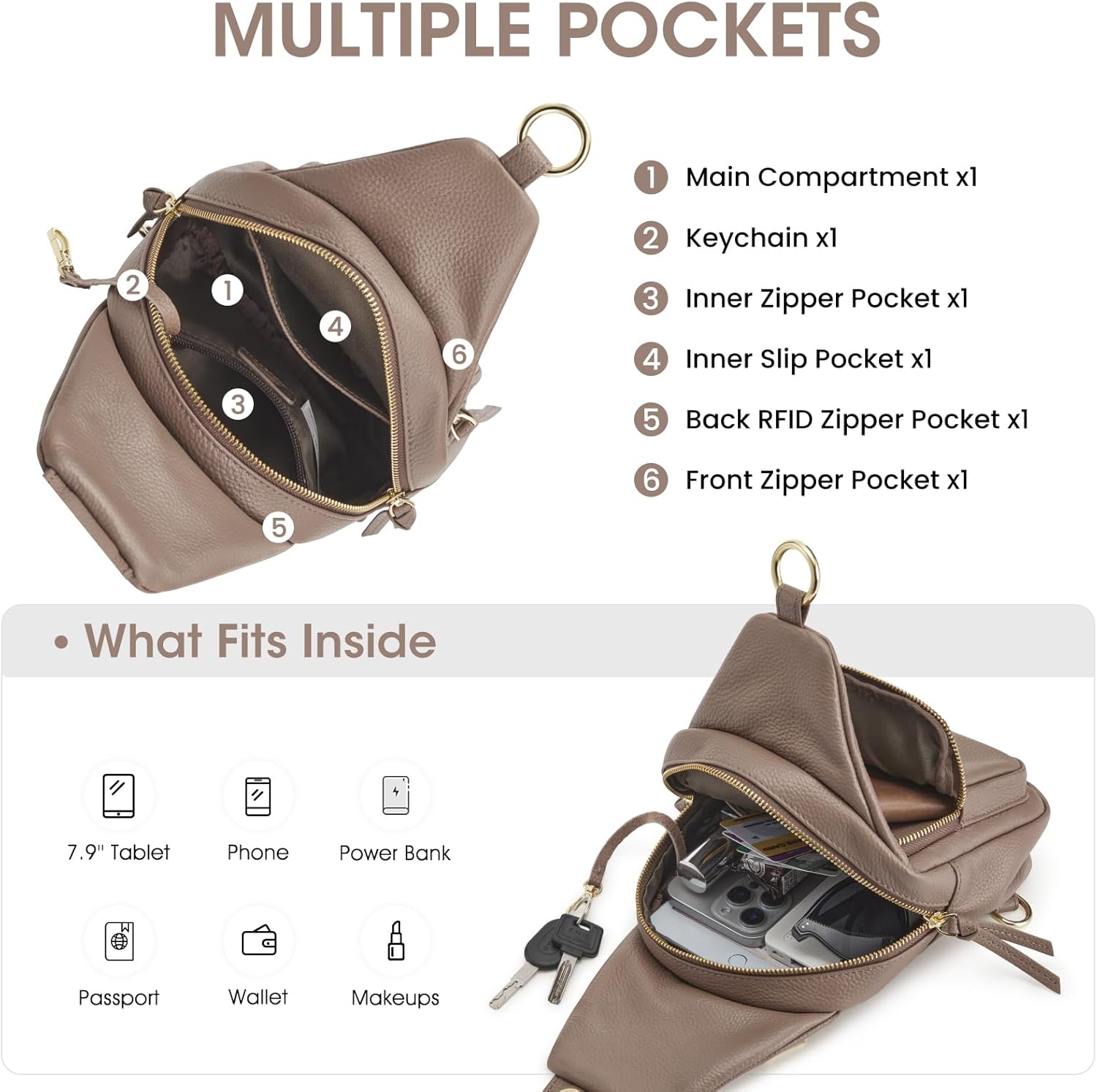 Kattee Small Sling Bag for Women, Leather Fanny Packs Crossbody Purse, Chest Bag for Travel with RFID Blocking, Khaki - Image 5