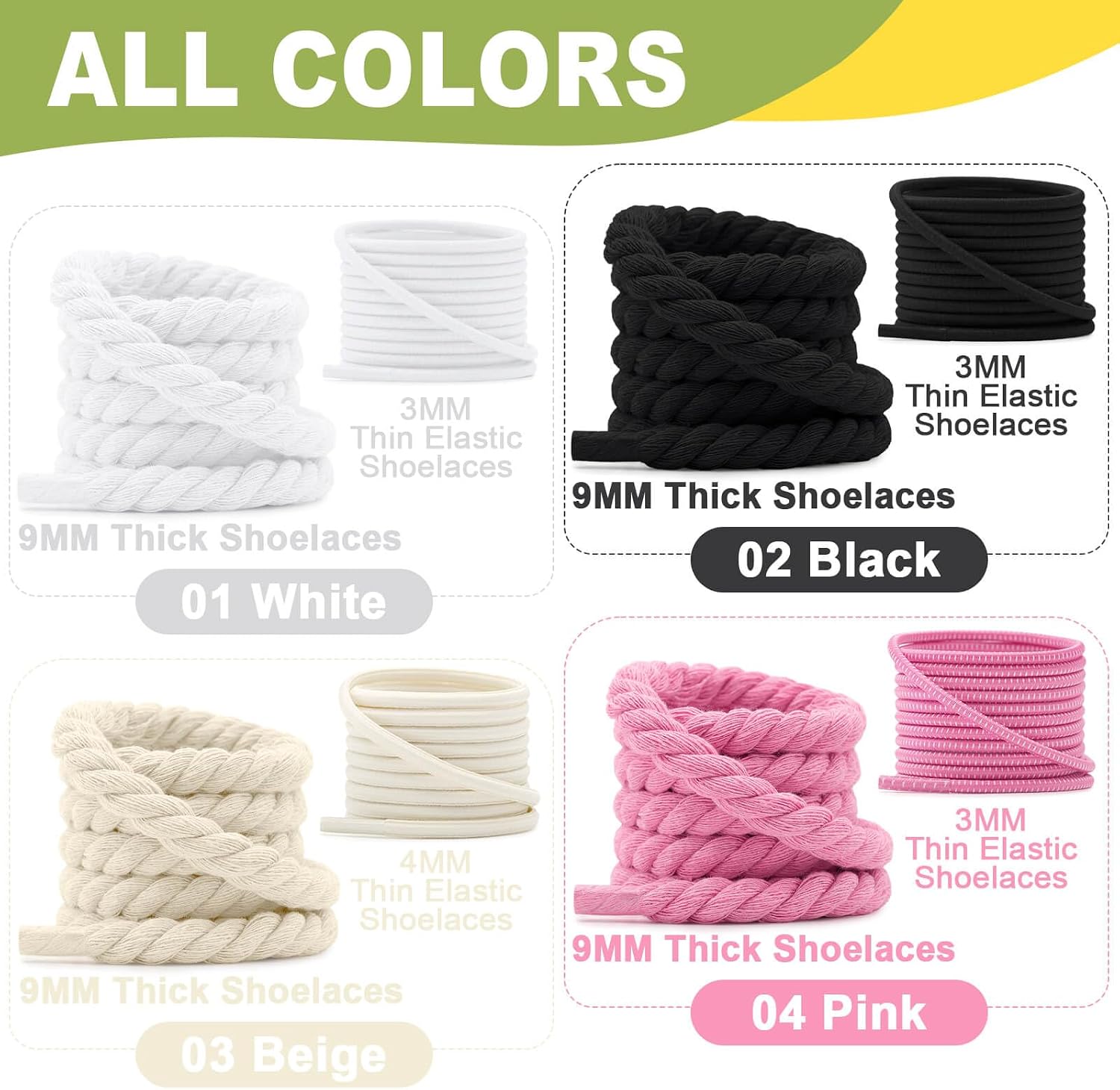 YJRVFINE Thick Cotton Rope Shoelaces:Chunky Round Twisted Laces for Sneaker | 1 Pair, 9mm, 4 Colors, 47"-55", for Boots, Men & Women