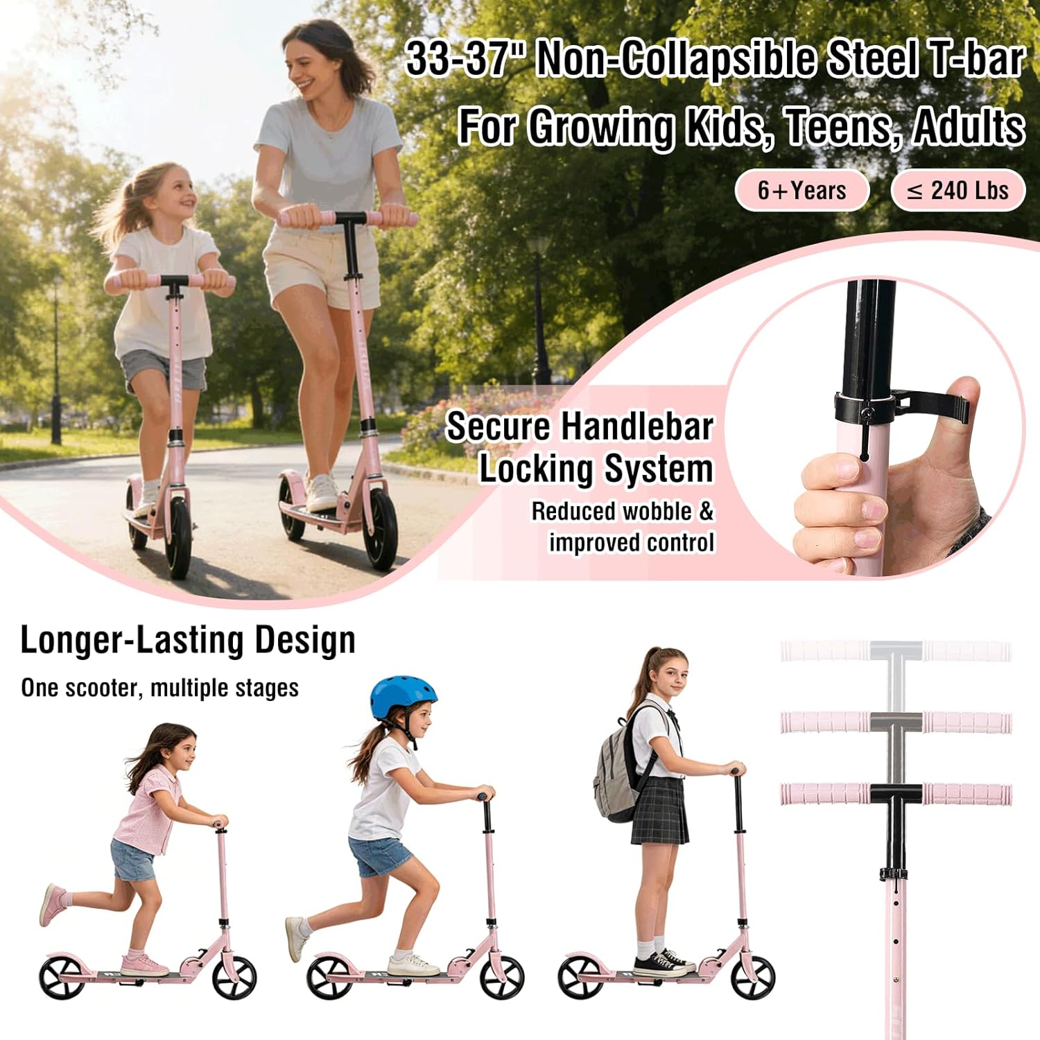 Scooter for Age 6+, Folding Kick Scooters for Kids 8-12,Teens, Adults up to 250Lbs,3 Adjustable Heights, Rear Brake, Wide Antislip Deck, Lightweight Scooter for Boys Girls