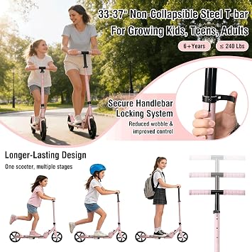 Scooter for Age 6+, Folding Kick Scooters for Kids 8-12,Teens, Adults up to 250Lbs,3 Adjustable Heights, Rear Brake, Wide Antislip Deck, Lightweight Scooter for Boys Girls