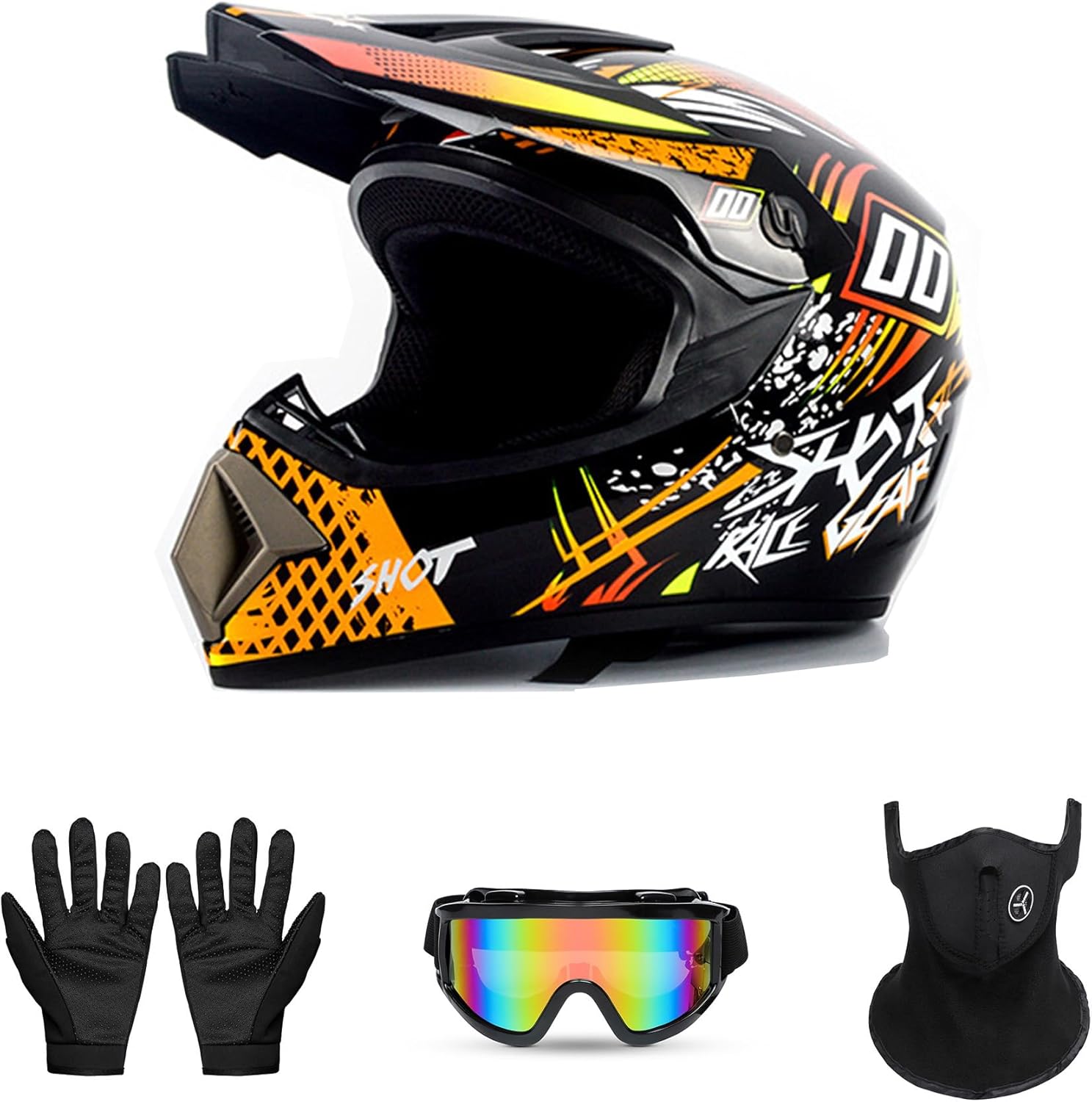 Youth Sport Full-Face Helmet for BMX, Mountain Bike & Off-Road Motocross Helmet, DOT Certified Motorcycle Helmet for Dirt Bike & ATV, Lightweight and Comfortable, 4-Piece Set