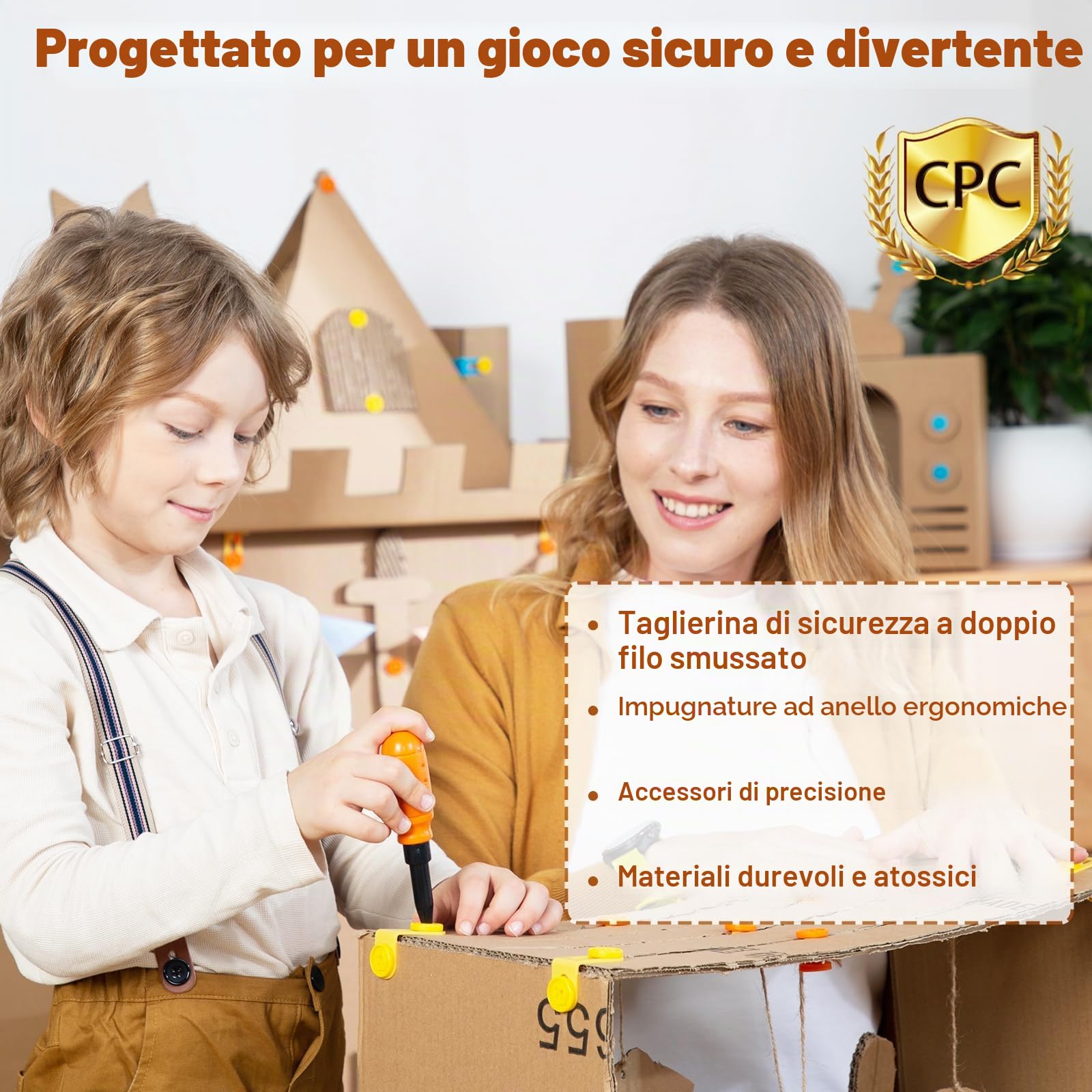 Kit di Attrezzi in Cartone per Bambini, 258 Pezzi, Cassetta degli Attrezzi in Cartone, con Trapano, Sega di Sicurezza, marcatore, Cerniere e bullone, Marsupio Portatile, Scatola Regalo per