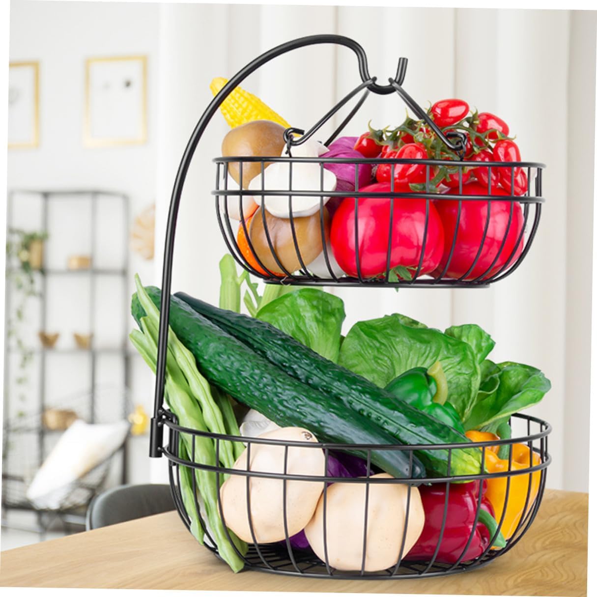 Toyvian Iron Art Hanging Fruit Basket Two-layer Storage Basket Black for Home Kitchen Fruit and Vegetable Organization