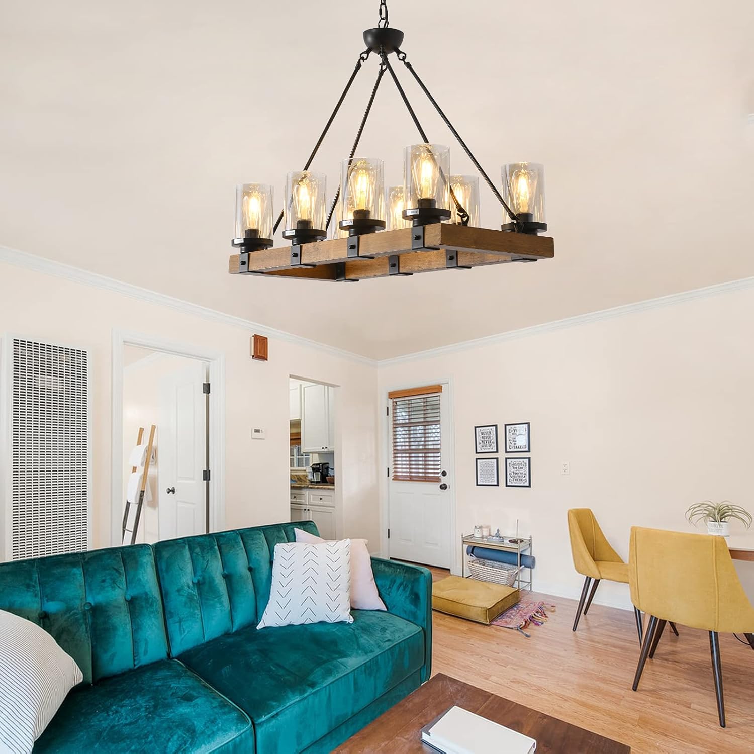 Wooden Vintage Farmhouse Pendant Light Fixture Rectangular Ceiling Light Glass Shade Fixture for Kitchen Dining Room Living Room Balcony Hallway