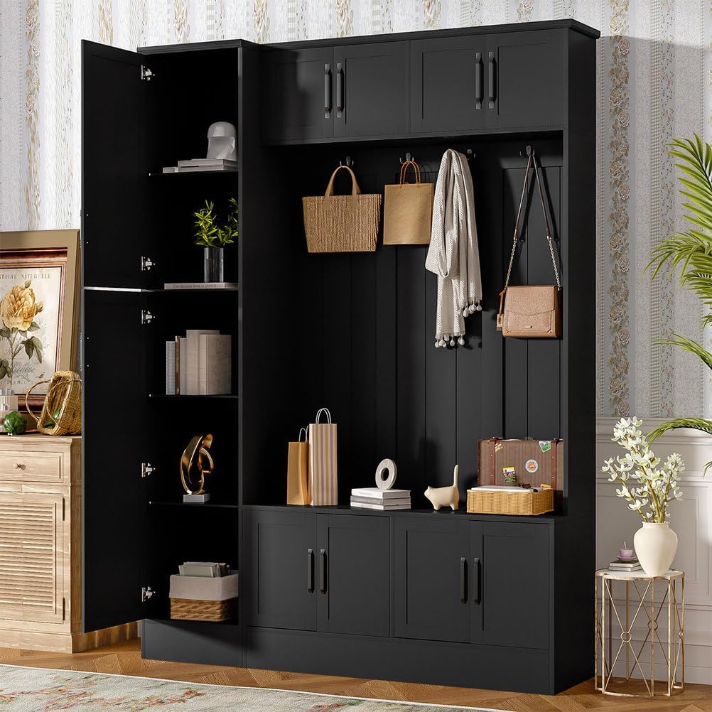 Entryway Hall Tree with Bench, Coat Rack & Storage Cabinets, Modern Hallway Organizer with 4 Hooks, Adjustable Shelves, and Shoe Storage, Wood Mudroom Furniture, 59''W × 15.7''D × 79''H,Black