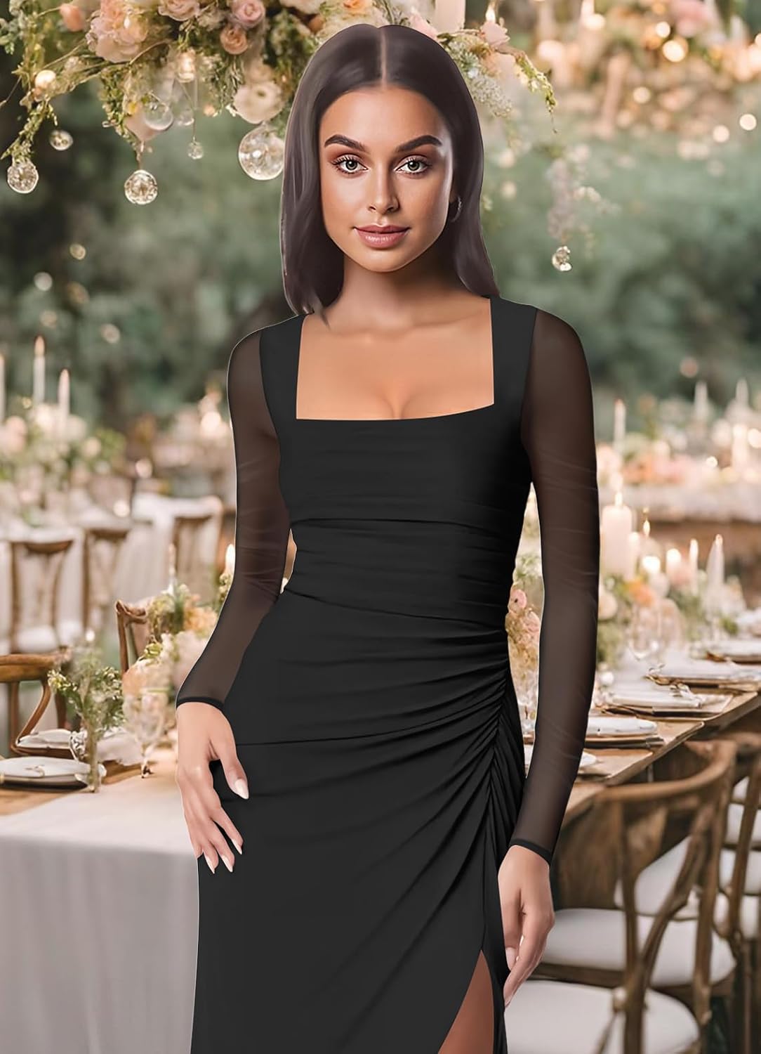 Women Mesh Long Sleeve Square Neck Ruched Sheath Formal Evening Maxi Dress Cocktail Party Wedding Guest Dresses - Image 5