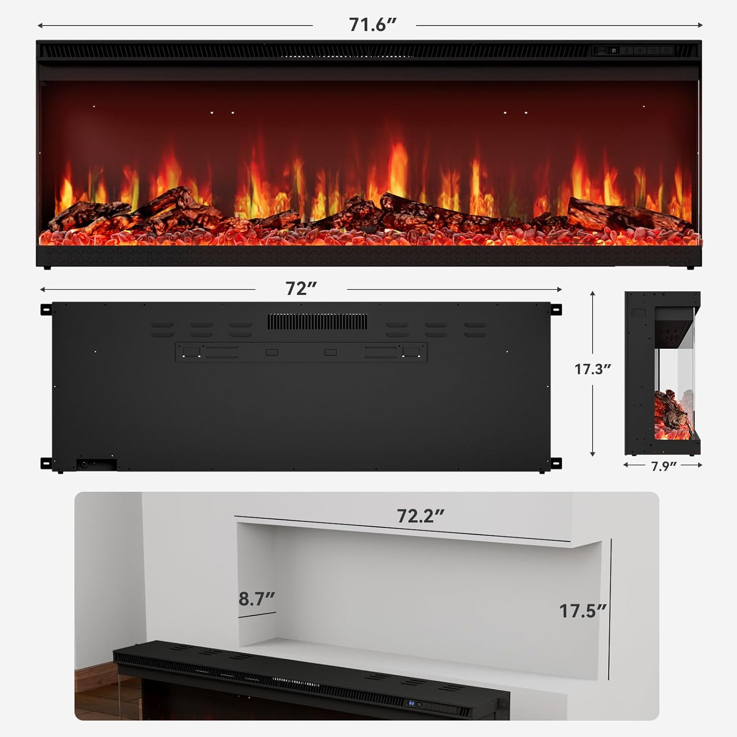 72 inch 3-Sided Wall Mount Electric Fireplace, Recessed & Built-in Design with Wi-Fi/Remote, 1500W Heater, 12 Flame Colors, ETL Listed, for Living Room