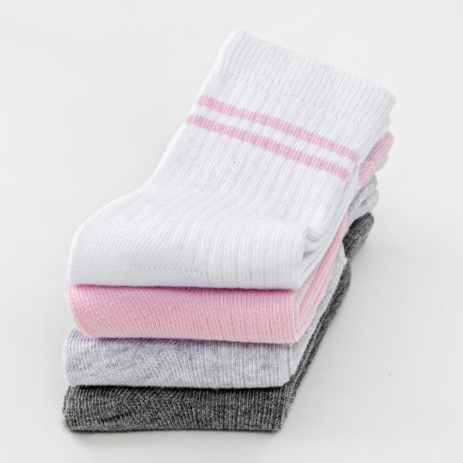 UMELOK Kids Athletic Socks Cotton Crew Socks for Boys and Girls with Stripes and Flower 4 Pairs - Image 2