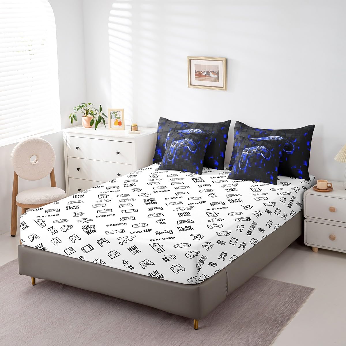 7Pcs Kids Bedding Set Twin Size Gamer Console Comforter Set Bed-in-a-Bag Black and Blue Cool Gamepad Gaming Bed Comforter-1 Comforter,1 Flat Sheet,1 Fitted Sheet,2 Pillowcases,2 Throw Pillow Covers 4