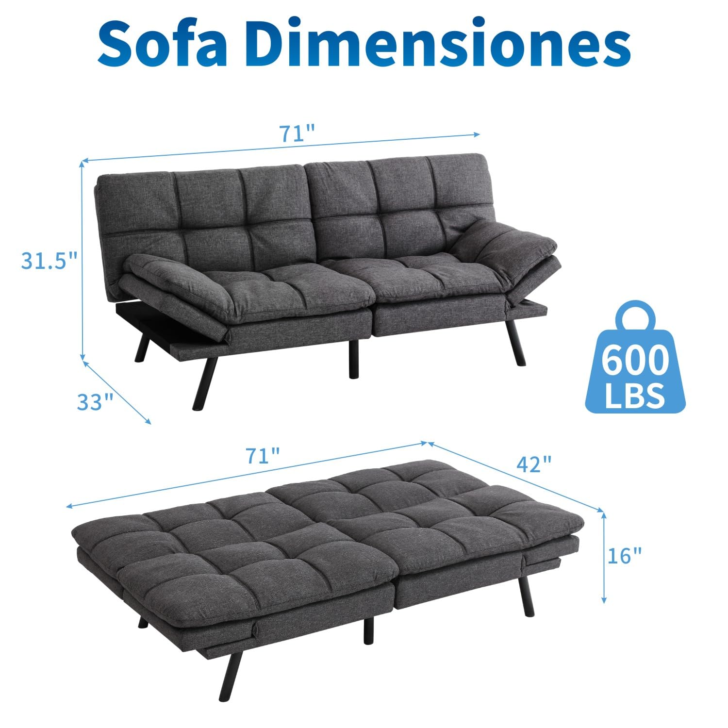 MUUEGM Futon Sofa Bed, 71" Convertible Linen Memory Foam Couch Bed, Modern Backrests Armrests Love Seat for Living Room,Apartment,Office,Charcoal Grey Sleeper Couch