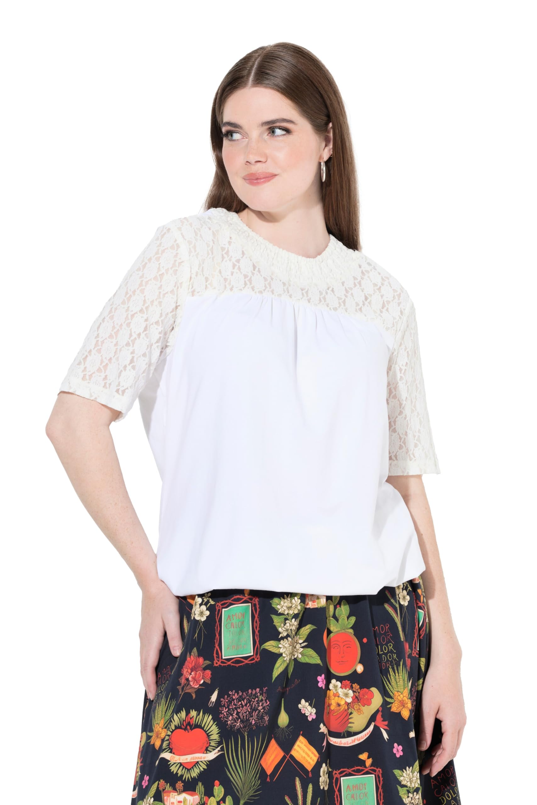 Ulla Popken Damen große Größen Übergrößen Plus Size T-Shirt, Spitze, Stehkragen, Halbarm 829384