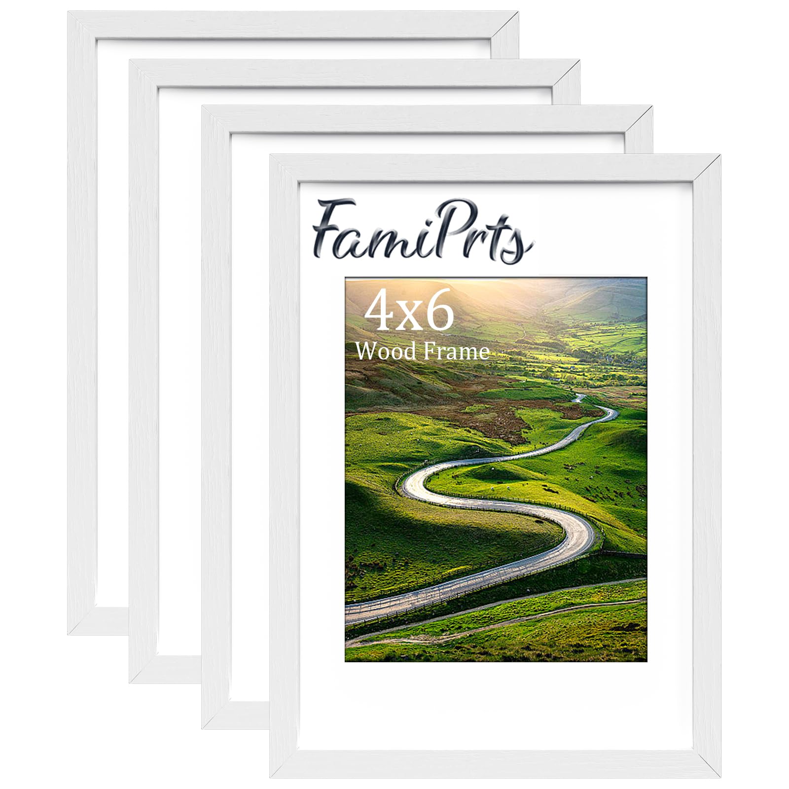 FamiPrts 4Pack 4x6 Picture Frame, Wooden 4x6 Frames, Versatile White Frame, Dual Orientation (Landscape/Portrait), Includes Wall Hooks - Wall Mount and Desktop for Home, Office, Gallery