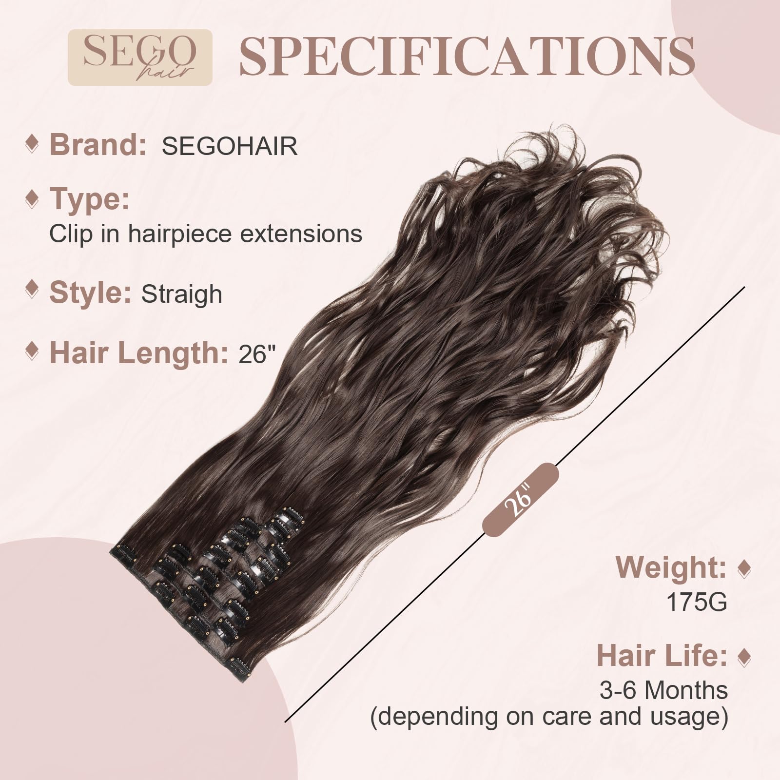 SEGOHAIR Hair Extensions Clip in 8Pcs 18 Clips Synthetic Fiber Seamless 17" Long Curl Full Head -Dark Brown - Image 3