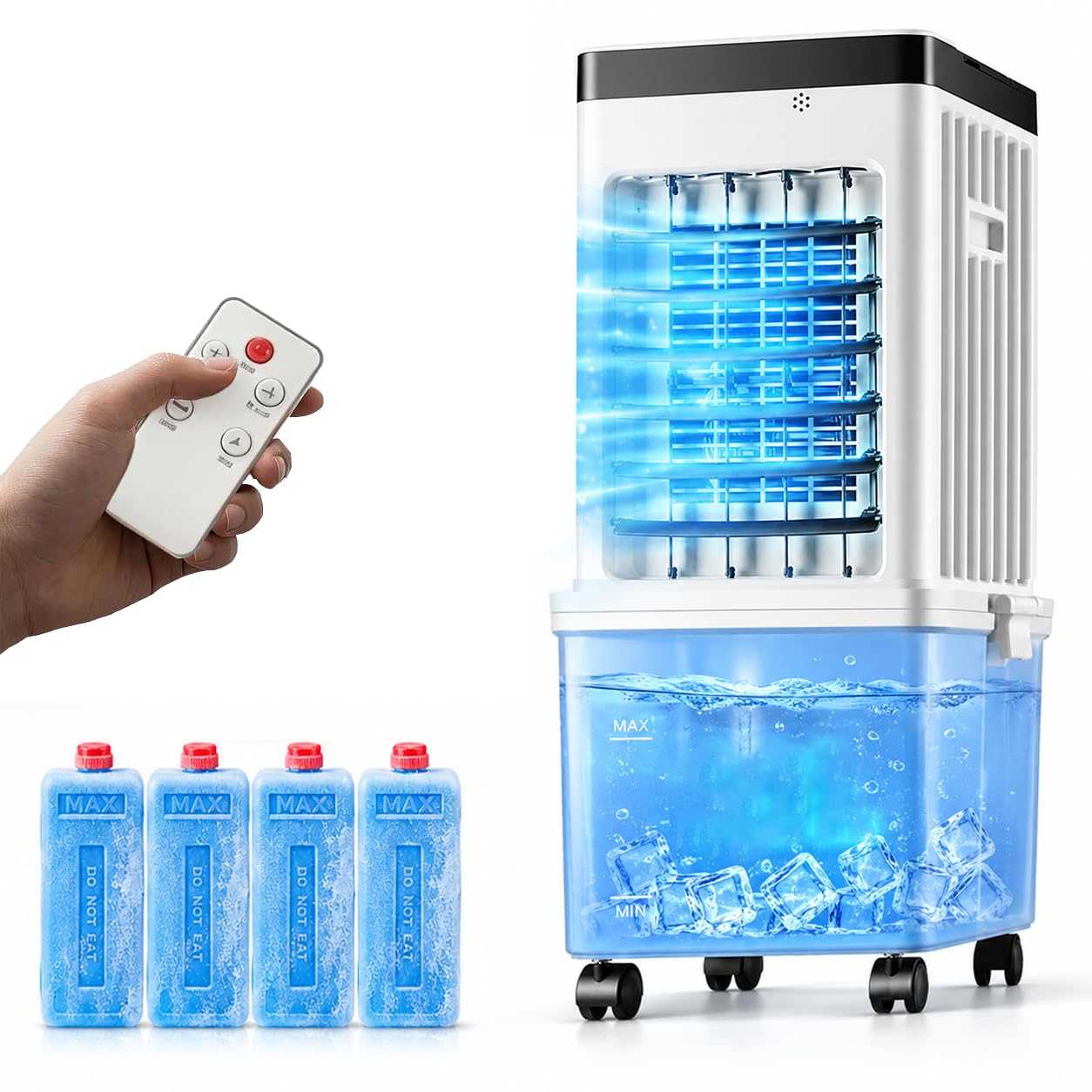 Evaporative Air Cooler, Portable Cooling Fan with 12L Water Tank, Ice Pack Cooling, 3 Speeds, 7.5H Timer, Wide Angle Oscillation, Removable Tank, Personal Room Cooler for Bedroom Office Home