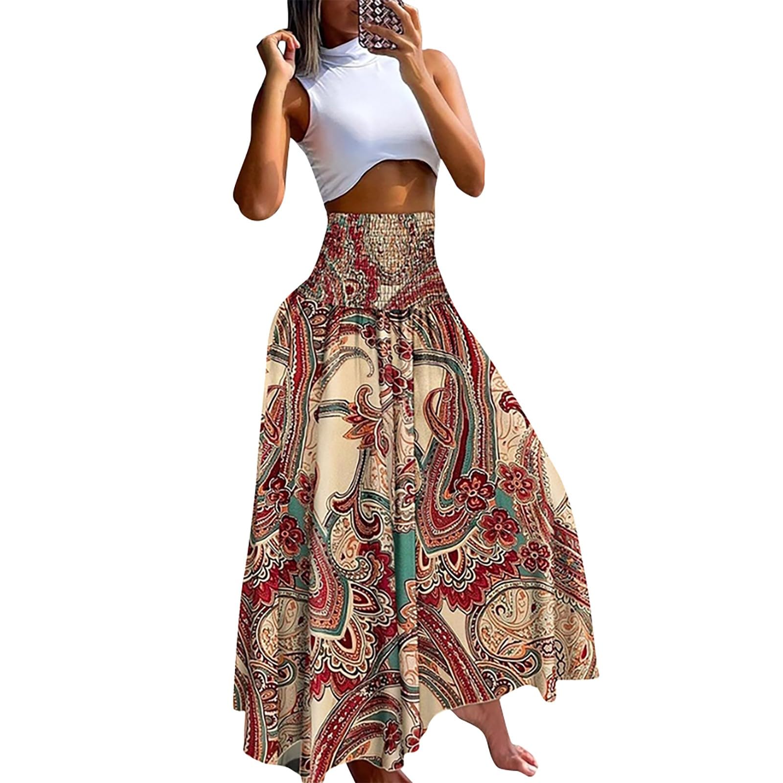 Long Skirts for Women Cute Pleated Maxi Skirts Vintage Summer Sexy Beach Cover Up Elastic Waist Swing Boho