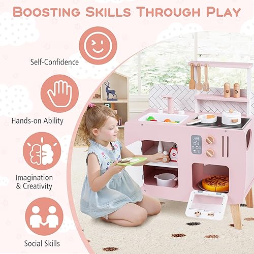 Miniatura 6 de Costzon Juego de cocina para niños, juguete interactivo para niños pequeños con horno, estufa, fregadero, grifo, espacio de almacenamiento,
