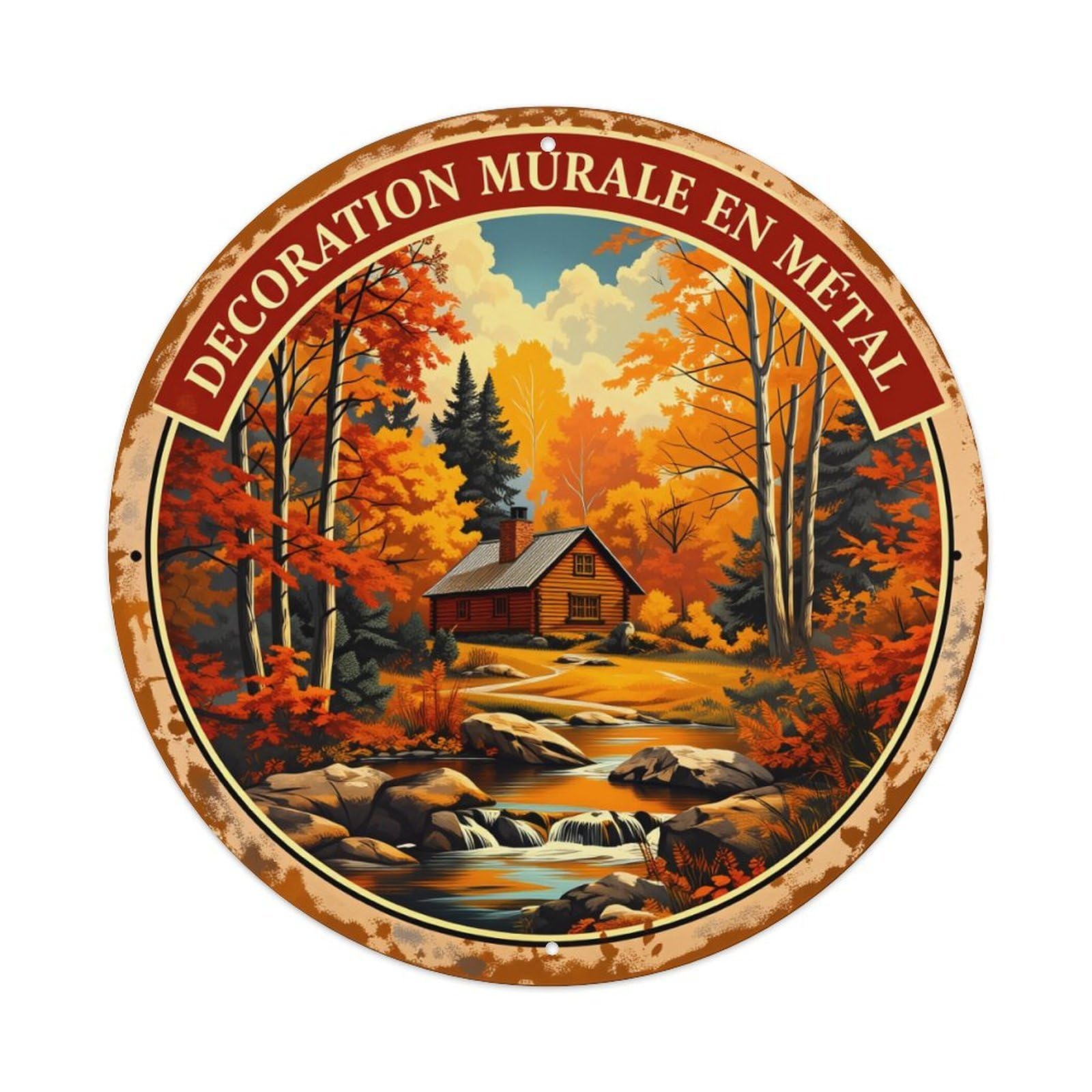 Autumn Forest Cabin Stream Trees Sky Mountains Metal Tin Sign Plaque