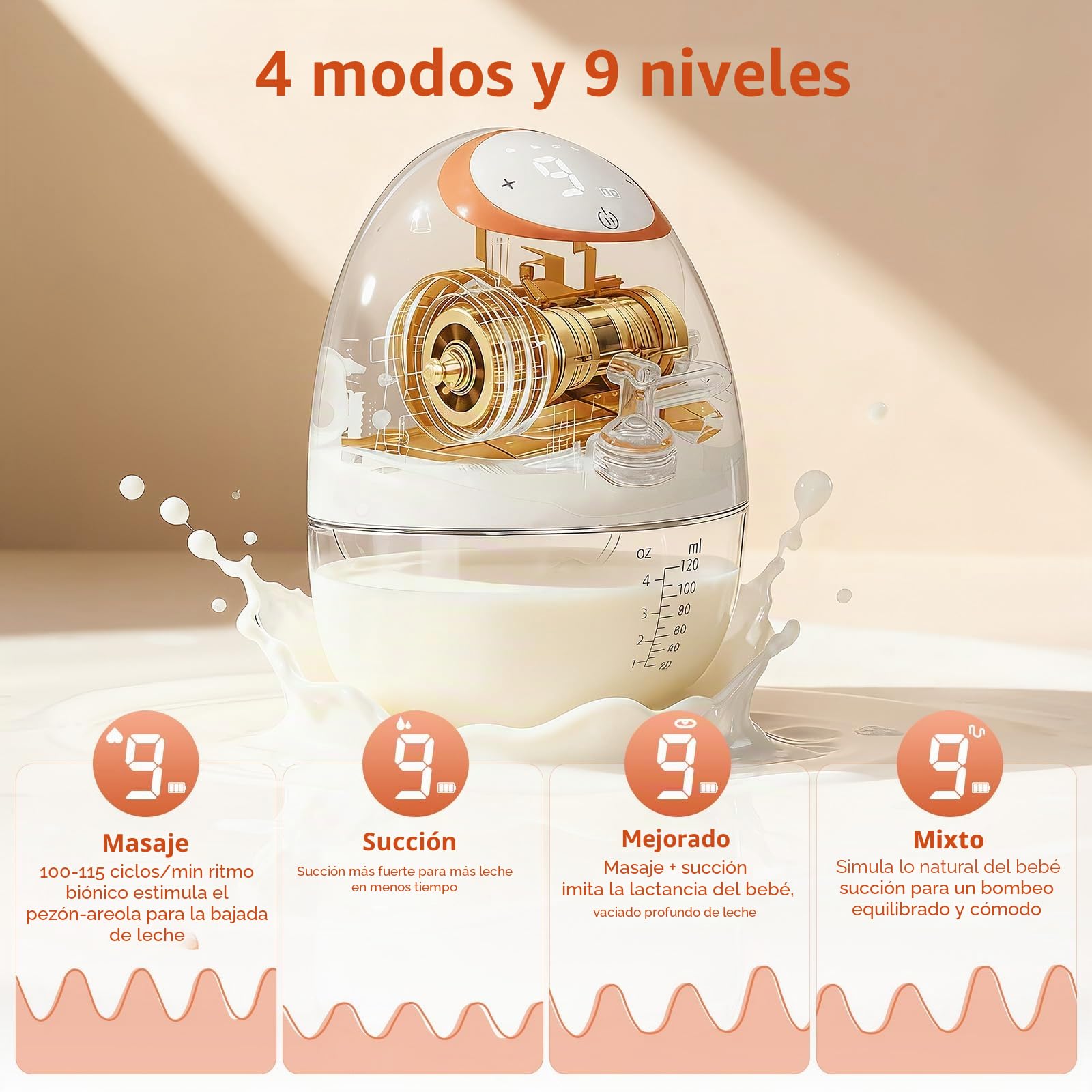 Extractor de leche eléctrico manos libres: 2 extractores de leche portátiles de 120 ml con 4 modos y 9 niveles, extractor de leche recargable con pantalla LED, apagado automático de 20 minutos