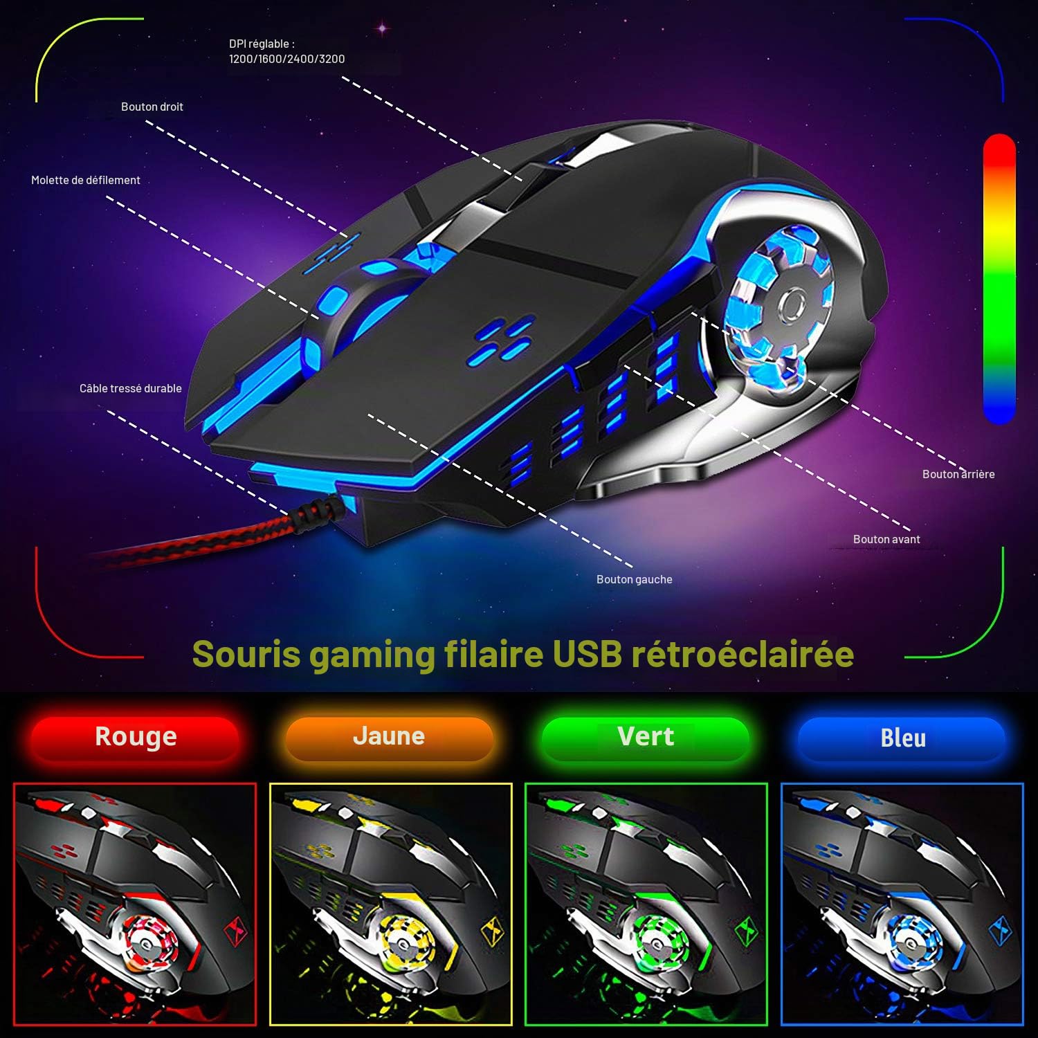 Ensemble combiné Clavier et Souris de Jeu sans Fil et Casque et Tapis de Souris 4 en 1,16 Clavier Rechargeable rétroéclairé RVB avec Repose-Mains, 7 Souris rétroéclairées et écouteurs Bluetooth RVB