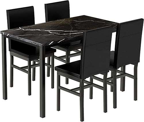 Recaceik Juego de mesa de comedor para 4, mesa de cocina y sillas con mesa de mármol sintético y 4 sillas tapizadas de cuero para cocina, comedor,